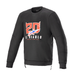 Alpinestars FQ20 Legit Crew Fleece, czarna motocyklowa bluza z długim rękawem, czerwona grafika z numerem „20” z rogami diabła i napisem „El Diablo” na piersi, niebiesko-czerwone cieniowane logo, boczne zamki i ściągacze, miejska odzież do jazdy