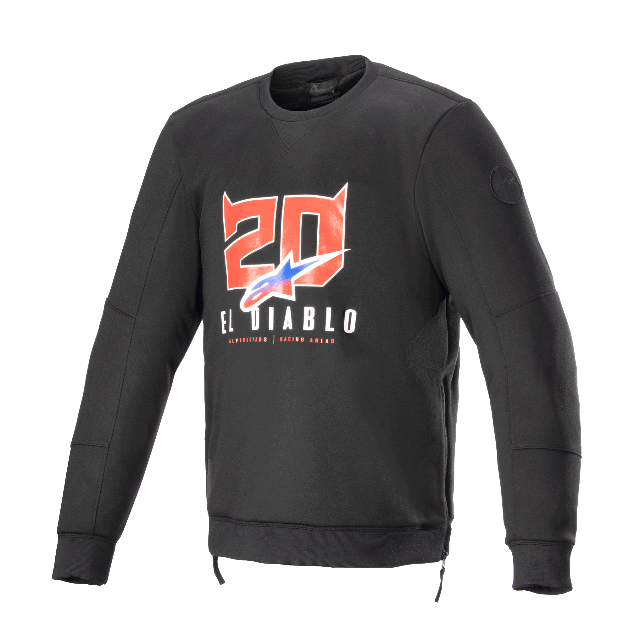 Alpinestars FQ20 Legit Crew Fleece, czarna motocyklowa bluza z długim rękawem, czerwona grafika z numerem „20” z rogami diabła i napisem „El Diablo” na piersi, niebiesko-czerwone cieniowane logo, boczne zamki i ściągacze, miejska odzież do jazdy
