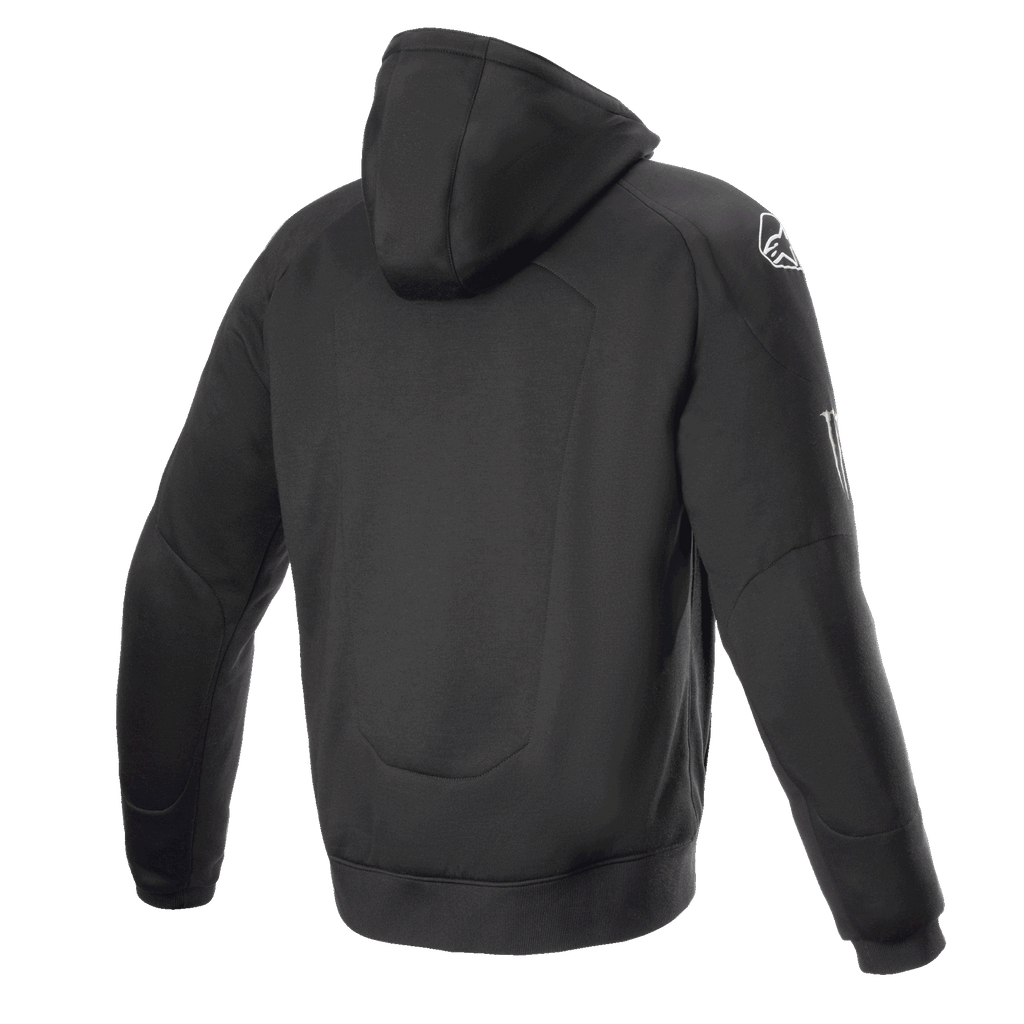 Alpinestars FQ20 Chrome Ignition Monster Hoodie, czarna motocyklowa bluza z kapturem, widok z tyłu, białe logo Alpinestars na ramieniu, branding Monster Energy na rękawie, casualowy miejski styl z ochronną konstrukcją tekstylną