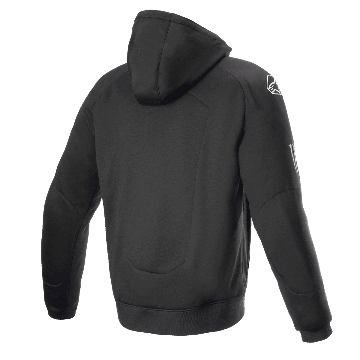 Alpinestars FQ20 Chrome Ignition Monster Hoodie, czarna motocyklowa bluza z kapturem, widok z tyłu, białe logo Alpinestars na ramieniu, branding Monster Energy na rękawie, casualowy miejski styl z ochronną konstrukcją tekstylną