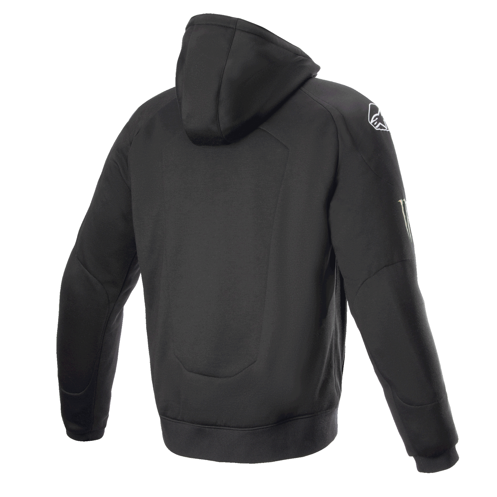 Alpinestars FQ20 Chrome Ignition Monster Hoodie, czarna motocyklowa bluza z kapturem, widok z tyłu, białe logo Alpinestars na ramieniu, branding Monster Energy na rękawie, casualowy miejski styl z ochronną konstrukcją tekstylną