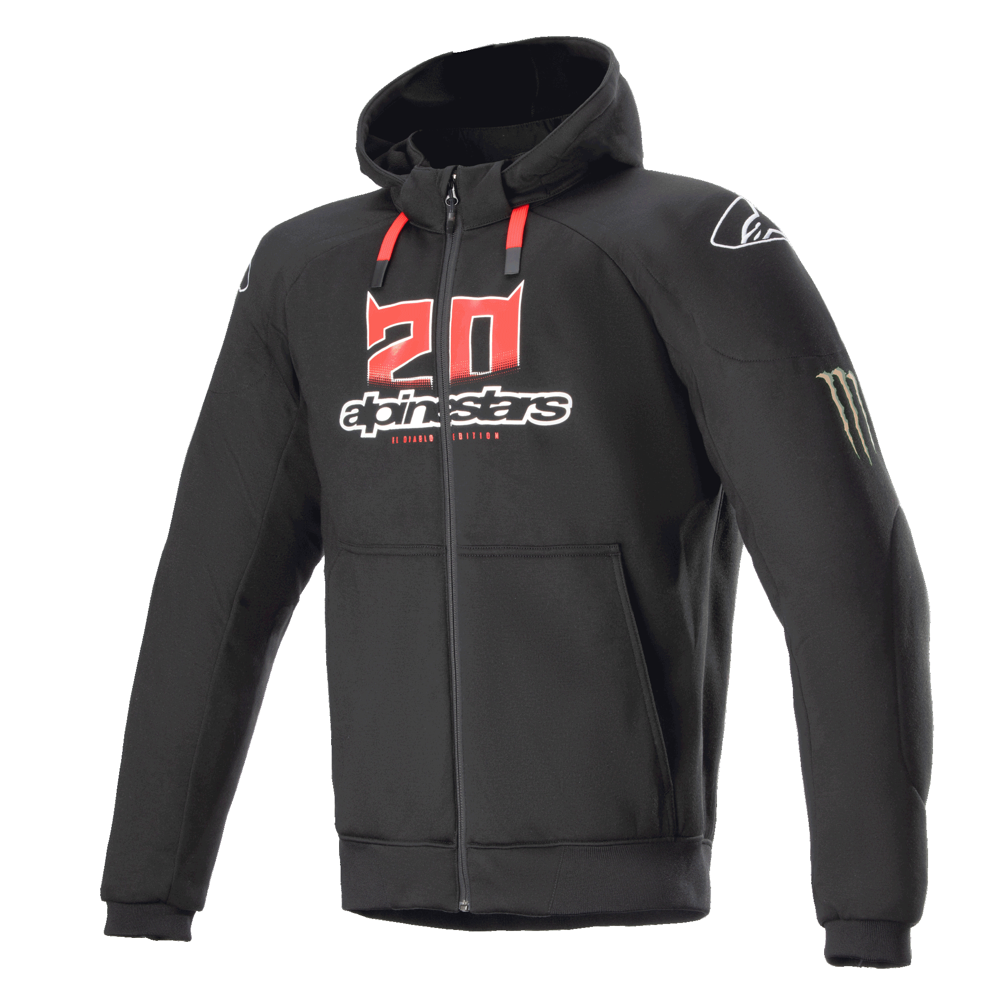 Alpinestars FQ20 Chrome Ignition Monster Hoodie, czarna motocyklowa bluza z kapturem na zamek, czerwone i białe logo „20” na klatce piersiowej, napis Alpinestars, czerwone sznurki, białe logo na ramieniu, pazur Monster Energy na rękawie, ochronna miejska odzież motocyklowa