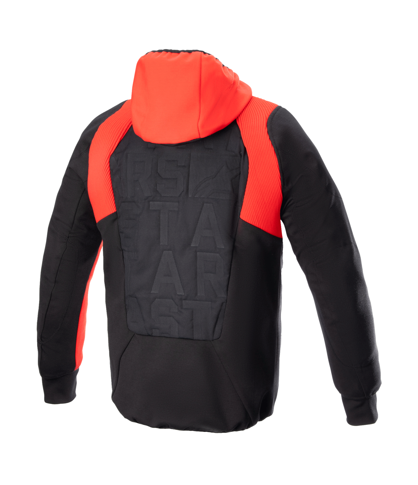 Alpinestars MO.ST.EQ Hybrid Hooded Jacket, widok z tyłu, czarno-czerwona, z jaskrawoczerwonym kapturem i prążkowanymi akcentami na ramionach, bezszwowy wyściełany panel na plecach z tonalnym brandingiem, miejska ochronna bluza motocyklowa