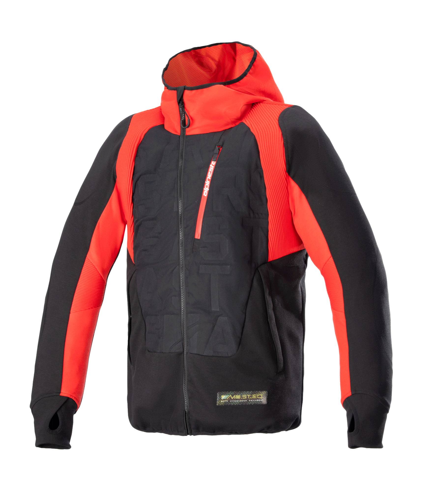 Alpinestars MO.ST.EQ Hybrid Hooded Jacket, techniczna bluza motocyklowa z kapturem, czarno-czerwona, skośny zamek z przodu, czerwona kieszeń na klatce piersiowej, wytłaczany wzór na torsie i pętle na kciuki, połączenie stylu miejskiego z ochronną odzieżą motocyklową