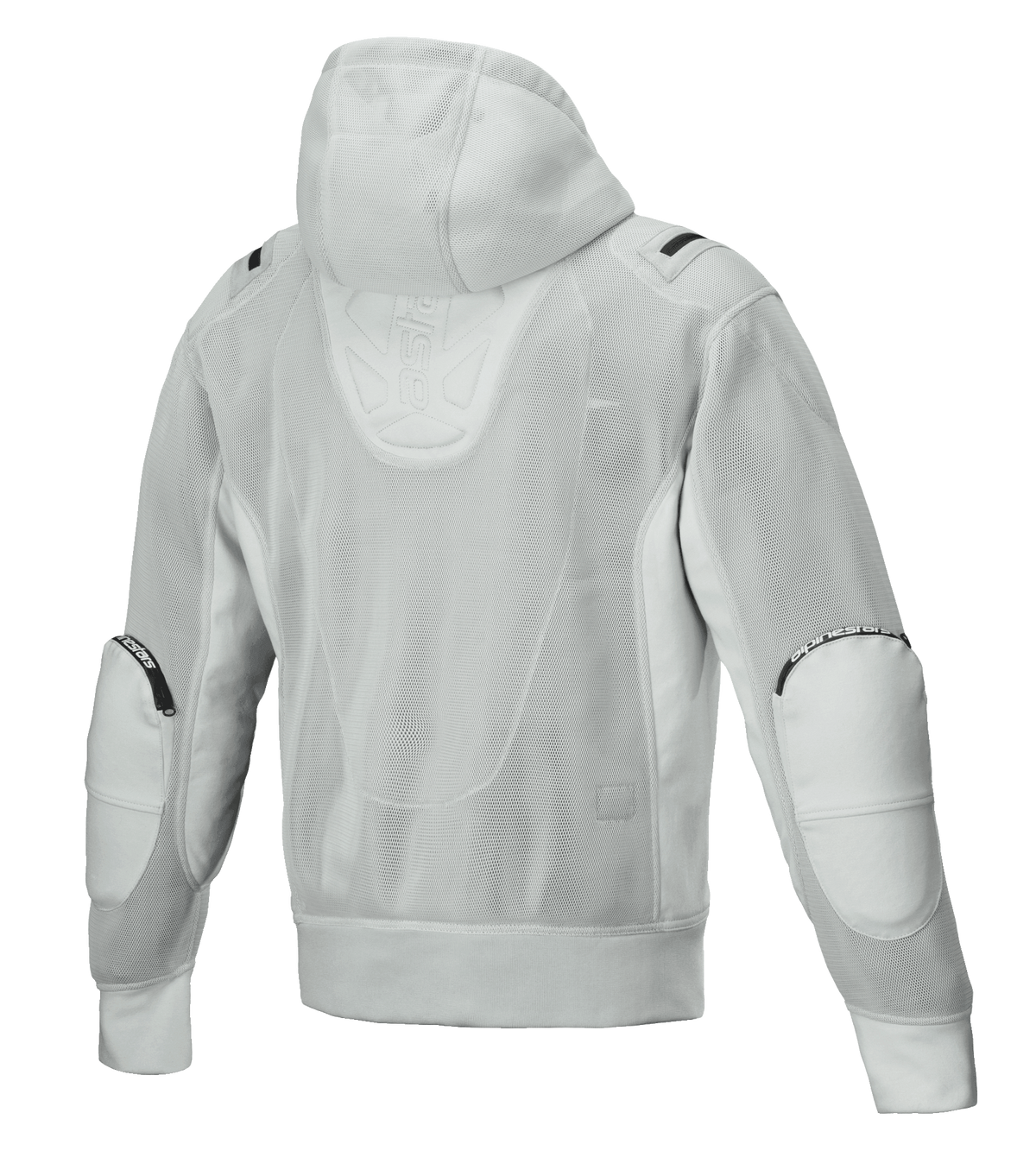 Alpinestars Moflow Air Tech Hoodie, Men's Motorcycle Jacket, Gray, Back view featuring full high-density mesh construction, mesh hood, reinforced elbow panels, and subtle Alpinestars branding, urban tech-wear design