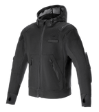 Alpinestars Moflow Air Tech Hoodie, Black motorcycle performance hoodie with high-density mesh chassis, zippered side pockets, thumb holes at cuffs, integrated shoulder and elbow protection, drawstring mesh hood, urban sporty design for warm weather riding