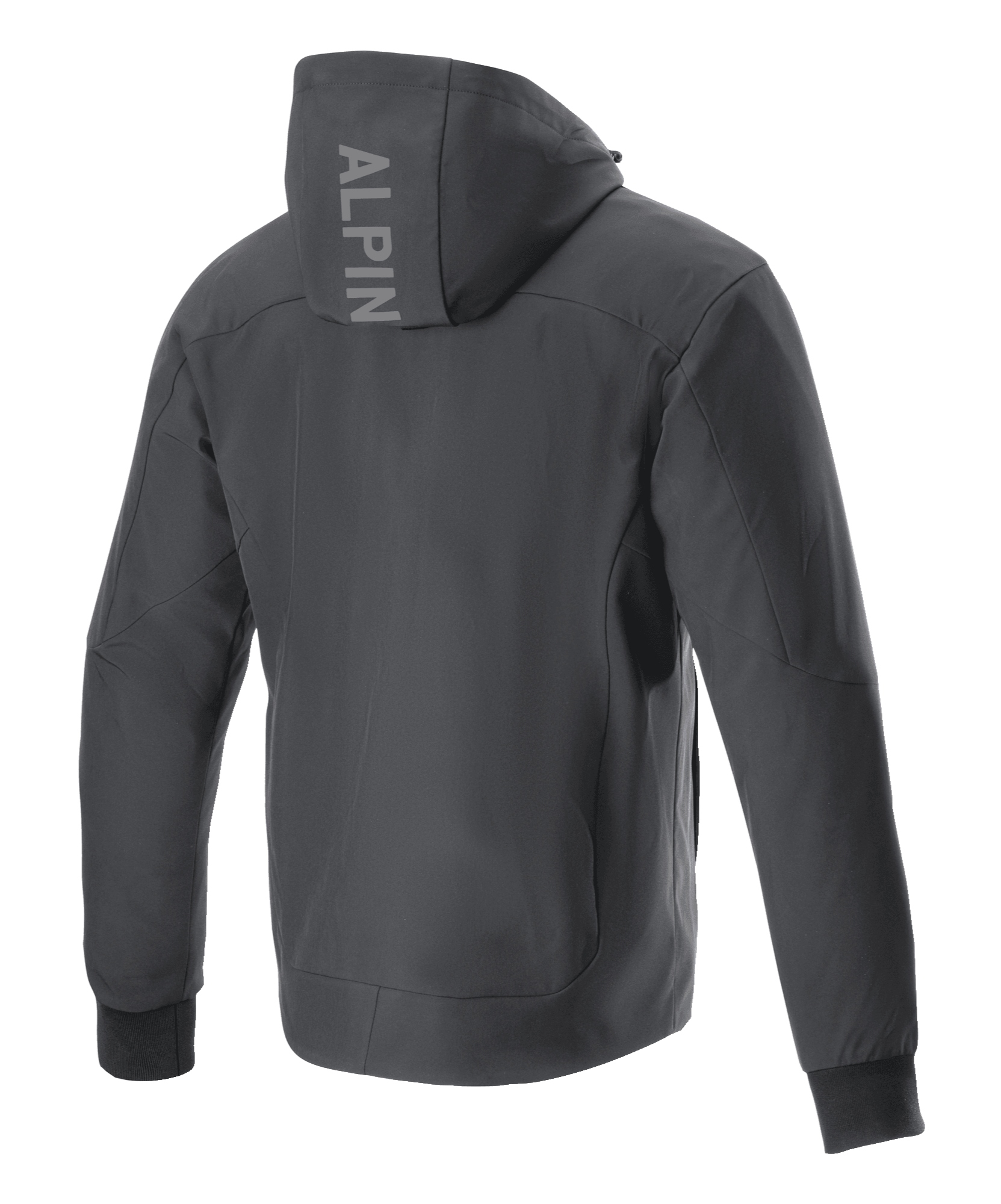 Alpinestars Radium Tech Hoodie, kurtka motocyklowa, czarna, widok z tyłu prezentujący pionowe logo ALPIN na kapturze, wiatroszczelna konstrukcja 3L tech shell, prążkowane elastyczne mankiety, styl urban contemporary