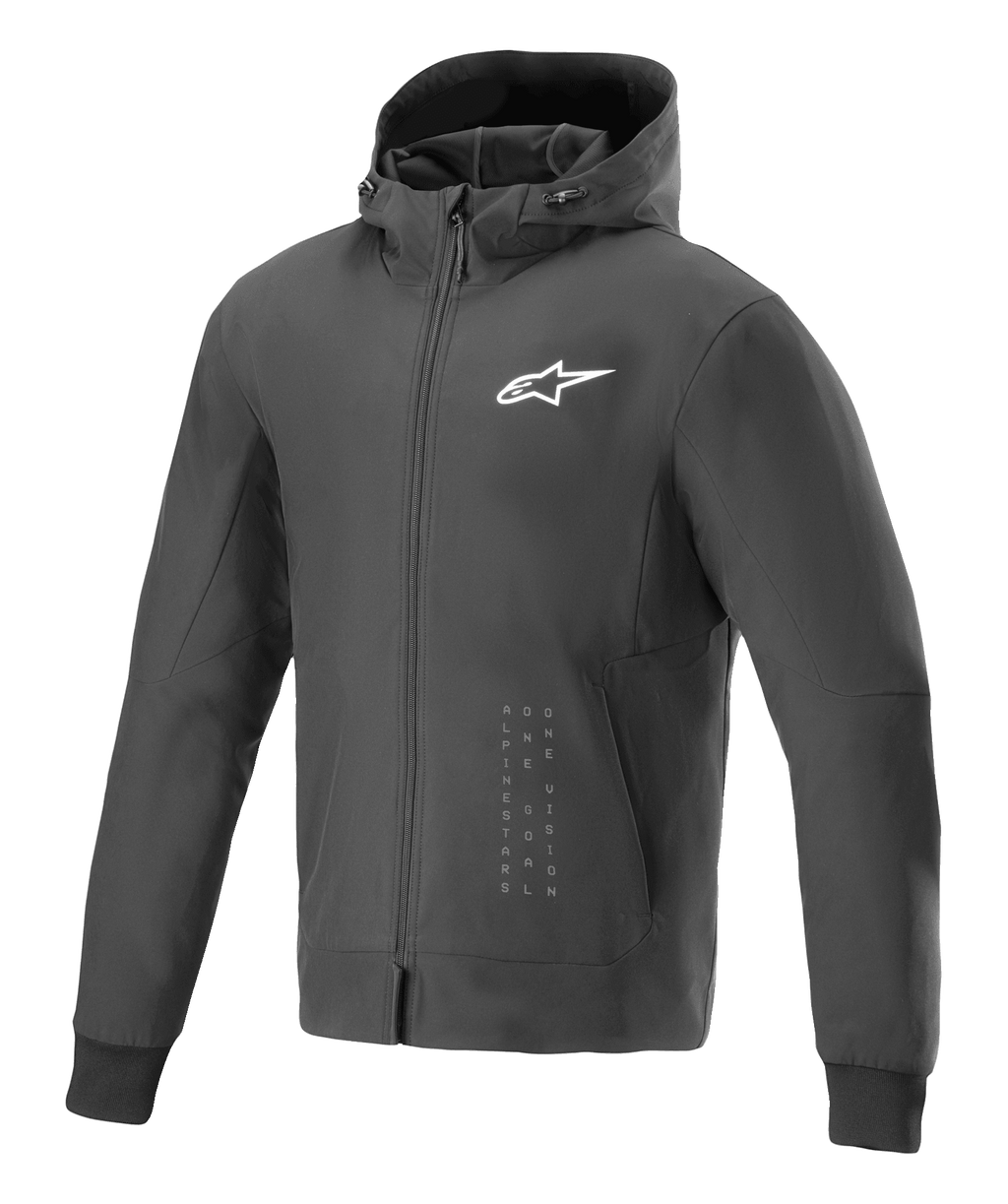 Alpinestars Radium Tech Hoodie, czarno-biała miejska kurtka motocyklowa, z białym logo gwiazdy na piersi i pionowym brandingiem, model z kapturem i pełnym zamkiem, żebrowane mankiety, nowoczesny sportowy krój