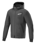 Alpinestars Radium Tech Hoodie, czarno-biała miejska kurtka motocyklowa, z białym logo gwiazdy na piersi i pionowym brandingiem, model z kapturem i pełnym zamkiem, żebrowane mankiety, nowoczesny sportowy krój