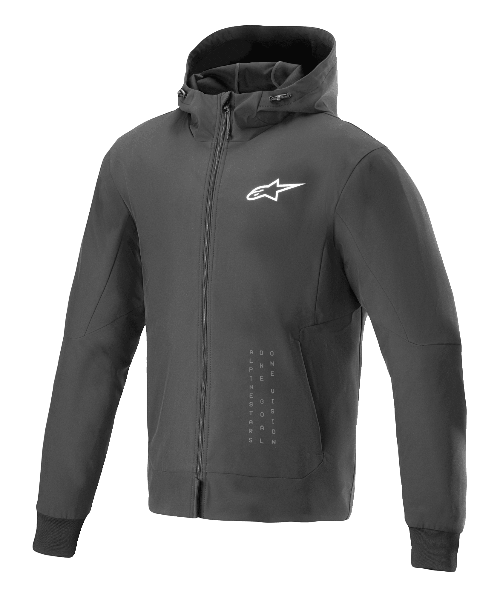 Alpinestars Radium Tech Hoodie, czarno-biała miejska kurtka motocyklowa, z białym logo gwiazdy na piersi i pionowym brandingiem, model z kapturem i pełnym zamkiem, żebrowane mankiety, nowoczesny sportowy krój