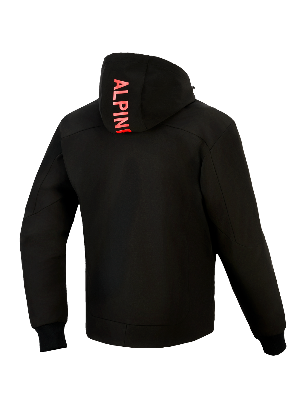 Alpinestars Radium Tech Hoodie, widok od tyłu, czarna z jaskrawoczerwonymi elementami, pionowy napis Alpinestars na kapturze, 3-warstwowa wiatroszczelna powłoka techniczna, żebrowane elastyczne mankiety, dopasowany miejski krój sportowy.