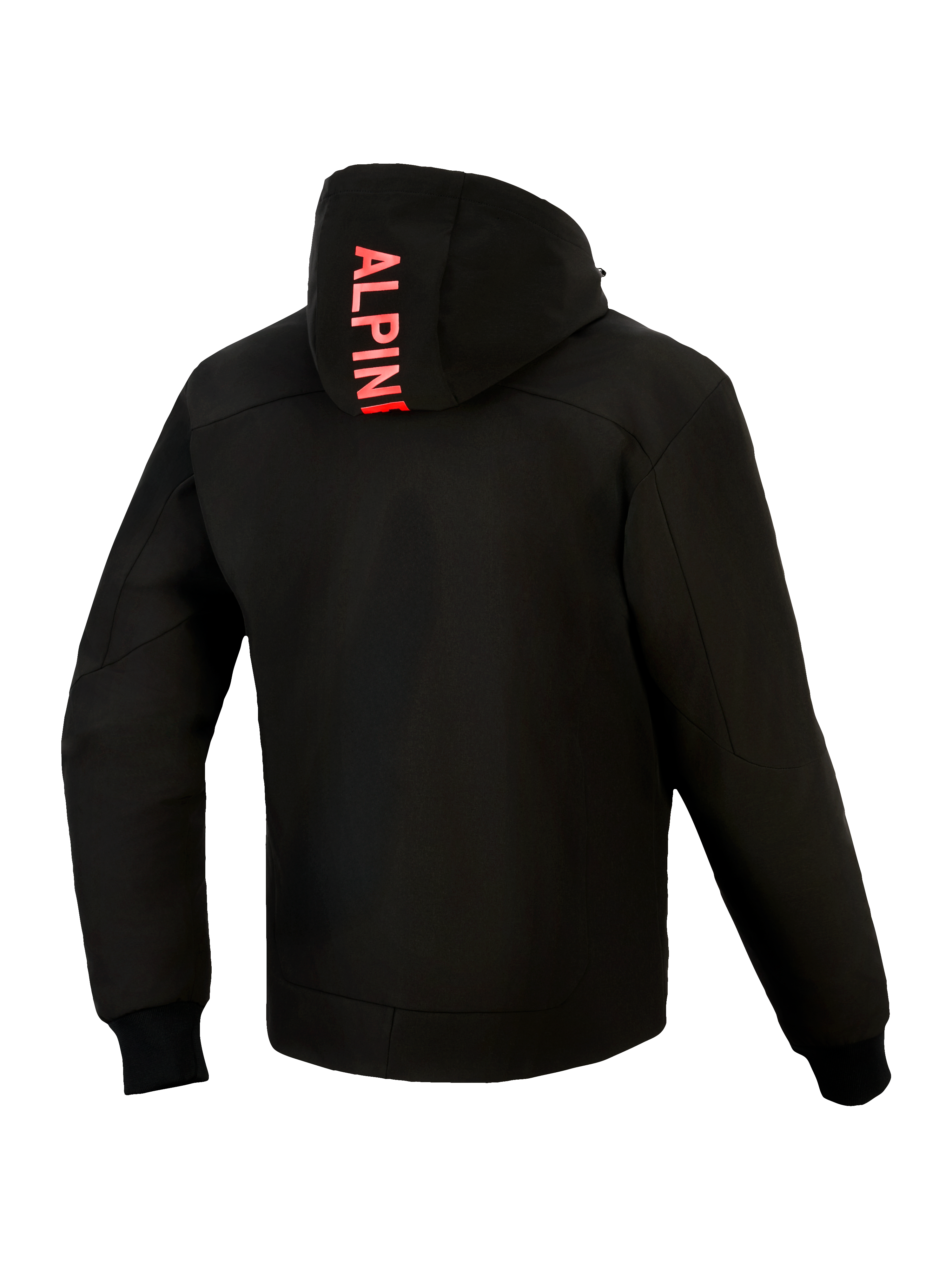 Alpinestars Radium Tech Hoodie, widok od tyłu, czarna z jaskrawoczerwonymi elementami, pionowy napis Alpinestars na kapturze, 3-warstwowa wiatroszczelna powłoka techniczna, żebrowane elastyczne mankiety, dopasowany miejski krój sportowy.