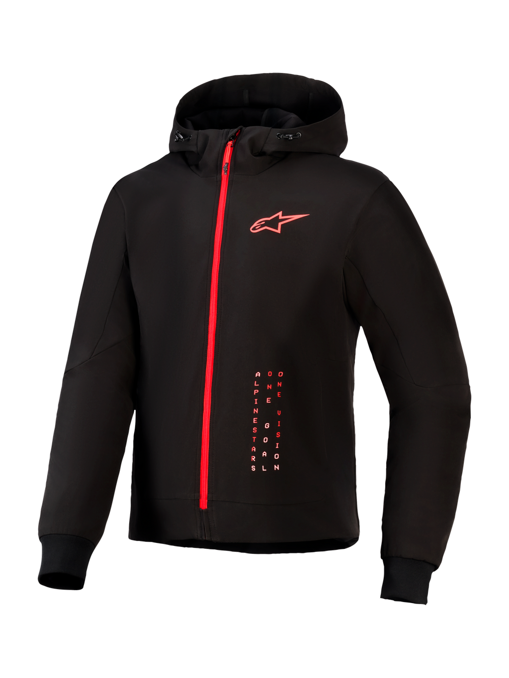 Alpinestars Radium Tech Hoodie, miejska kurtka motocyklowa, czarna z jaskrawoczerwonymi elementami, z czerwonym zamkiem na całej długości, czerwonym logo Alpinestars na piersi, kapturem ze ściągaczem i prążkowanymi mankietami na technicznej wiatroszczelnej powłoce.