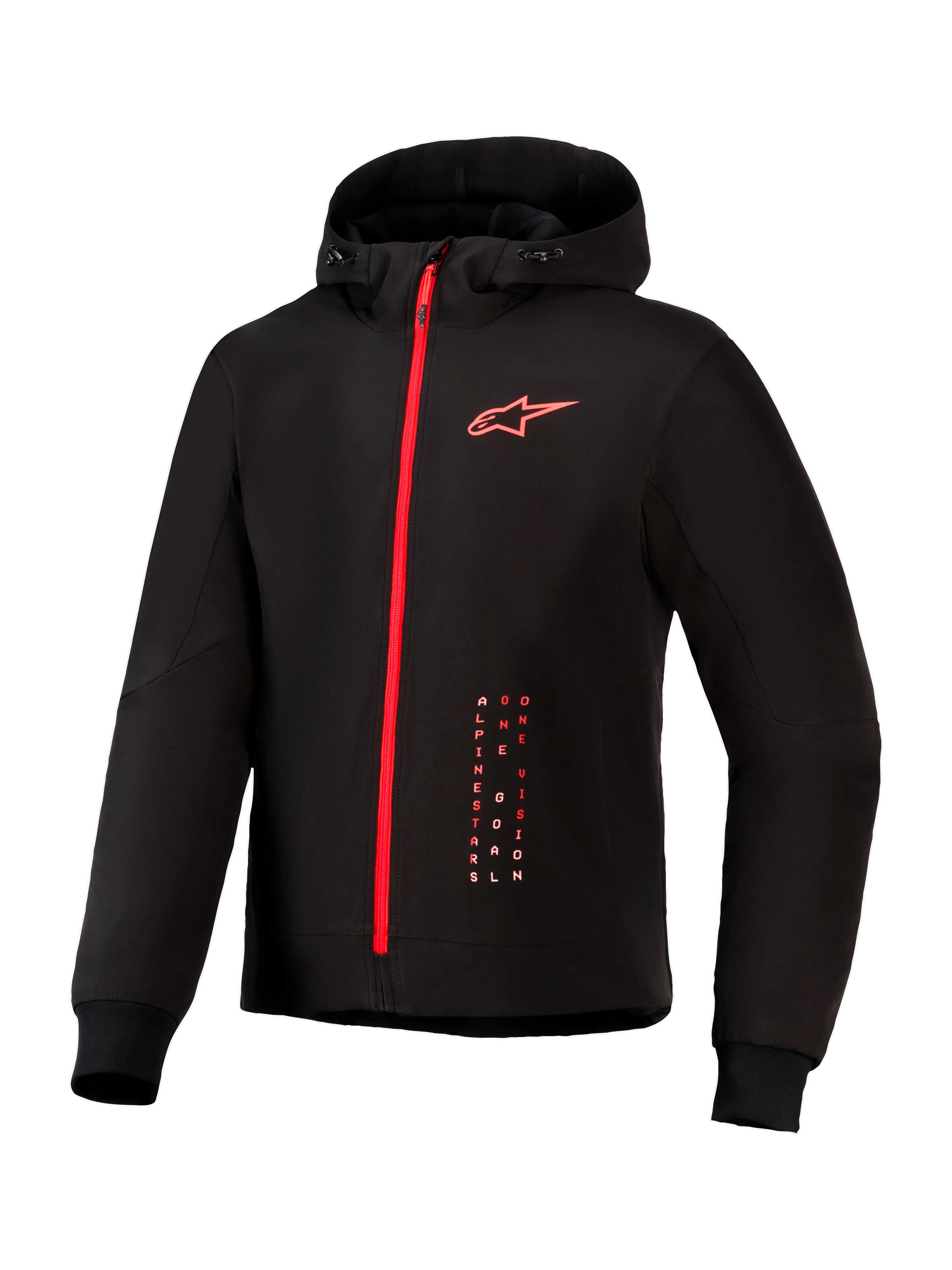 Alpinestars Radium Tech Hoodie, miejska kurtka motocyklowa, czarna z jaskrawoczerwonymi elementami, z czerwonym zamkiem na całej długości, czerwonym logo Alpinestars na piersi, kapturem ze ściągaczem i prążkowanymi mankietami na technicznej wiatroszczelnej powłoce.