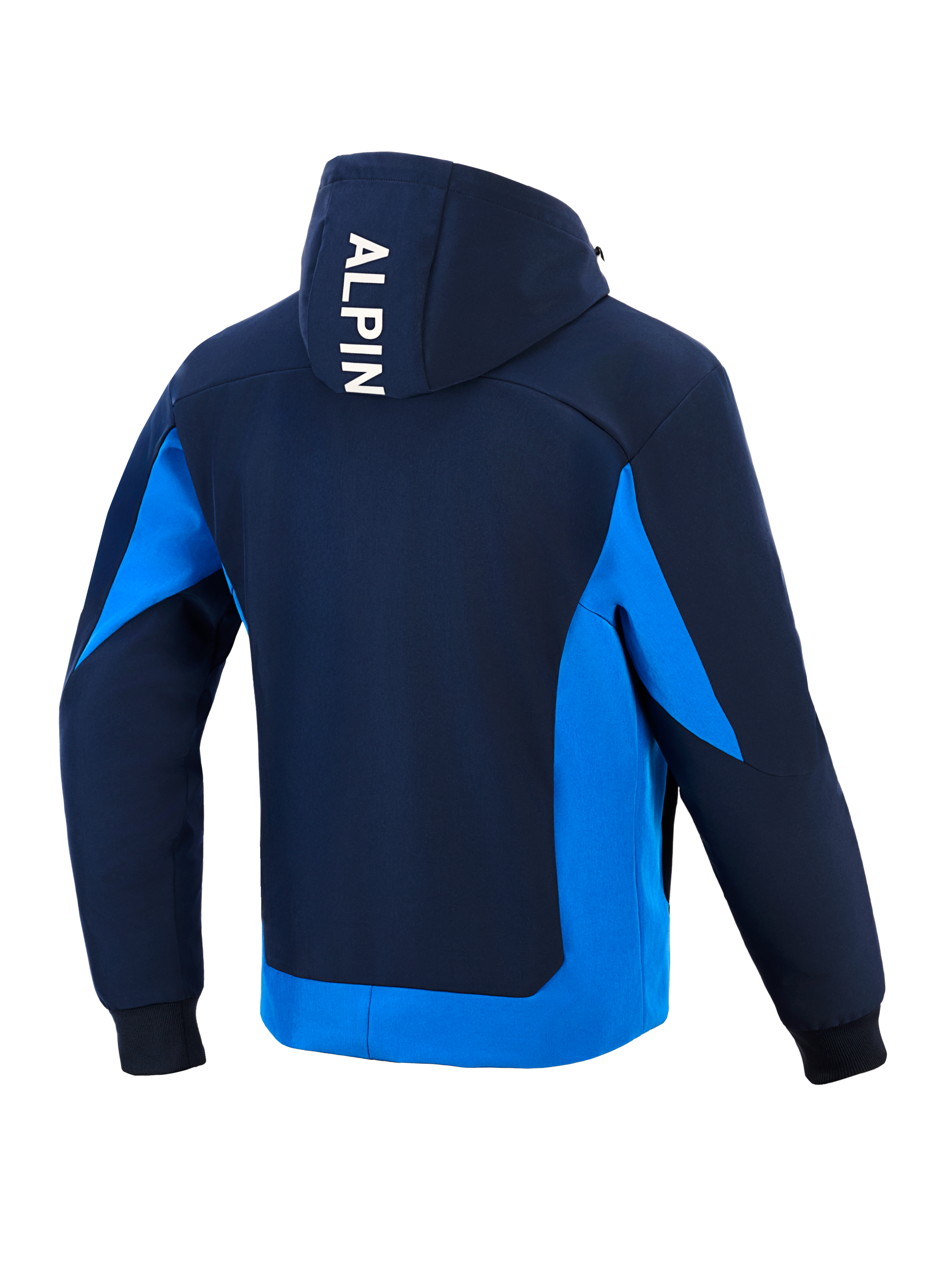 Alpinestars Radium Tech Hoodie, techniczna bluza motocyklowa, kolory Night Navy i Royal Blue, widok z tyłu z białym pionowym napisem „ALPIN” na kapturze, jaskrawoniebieskie panele boczne i dolna krawędź, ściągacze na mankietach, miejski sportowy design