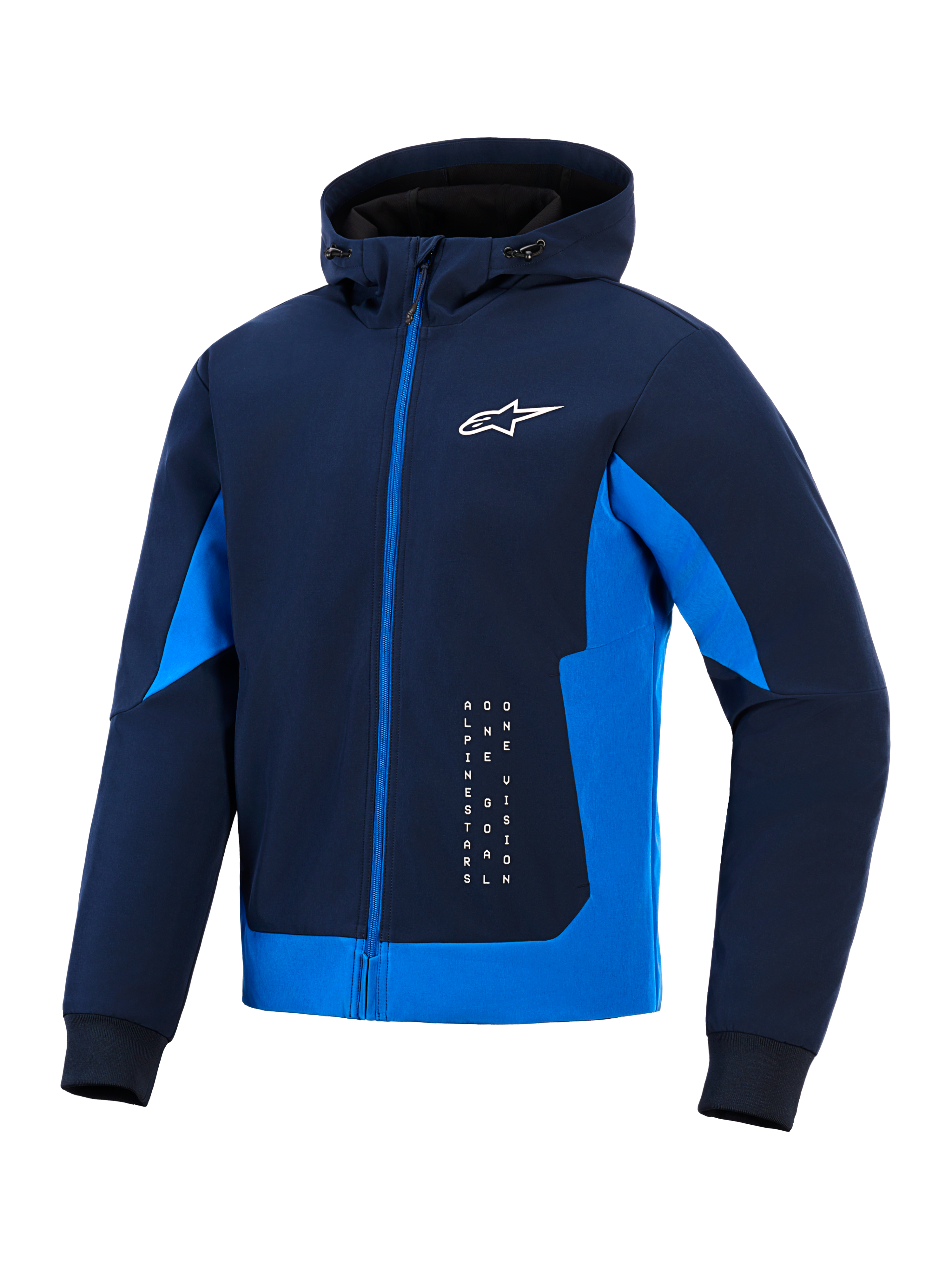 Alpinestars Radium Tech Hoodie, kolor Night Navy i Royal Blue, techniczna bluza typu shell z kapturem i pełnym zamkiem, białe logo Astar i pionowy branding, miejska kurtka motocyklowa