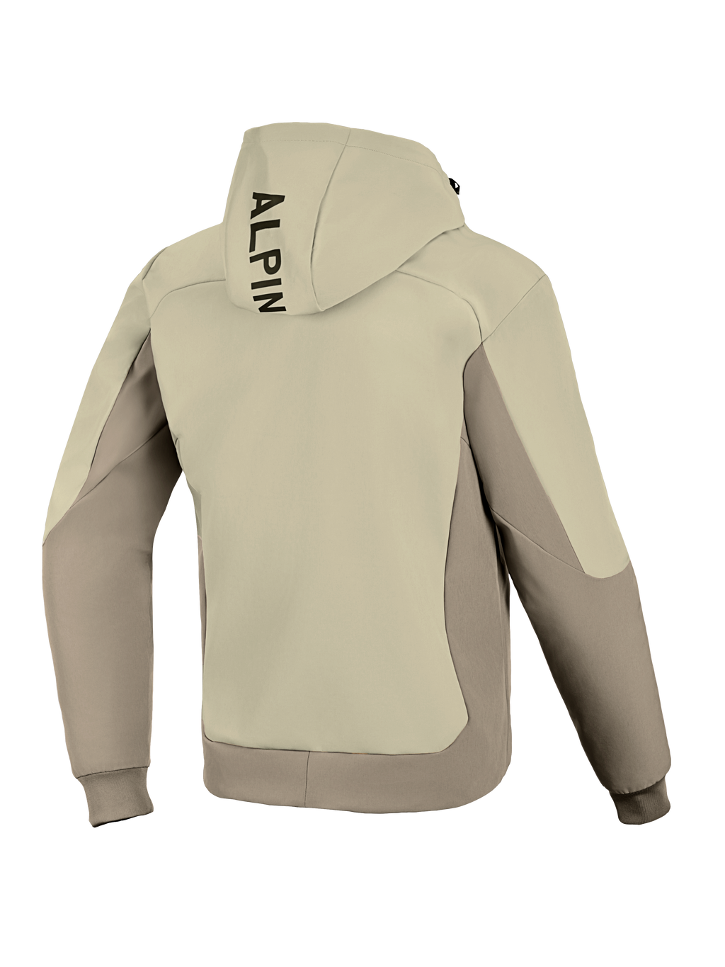 Alpinestars Radium Tech Hoodie, widok z tyłu, Mastic Aluminum, miejska kurtka motocyklowa, dwukolorowy beżowo-szary design tekstylny, pionowe czarne logo na kapturze, ściągacze przy mankietach i na dole, wiatroszczelna powłoka techniczna do jazdy miejskiej.