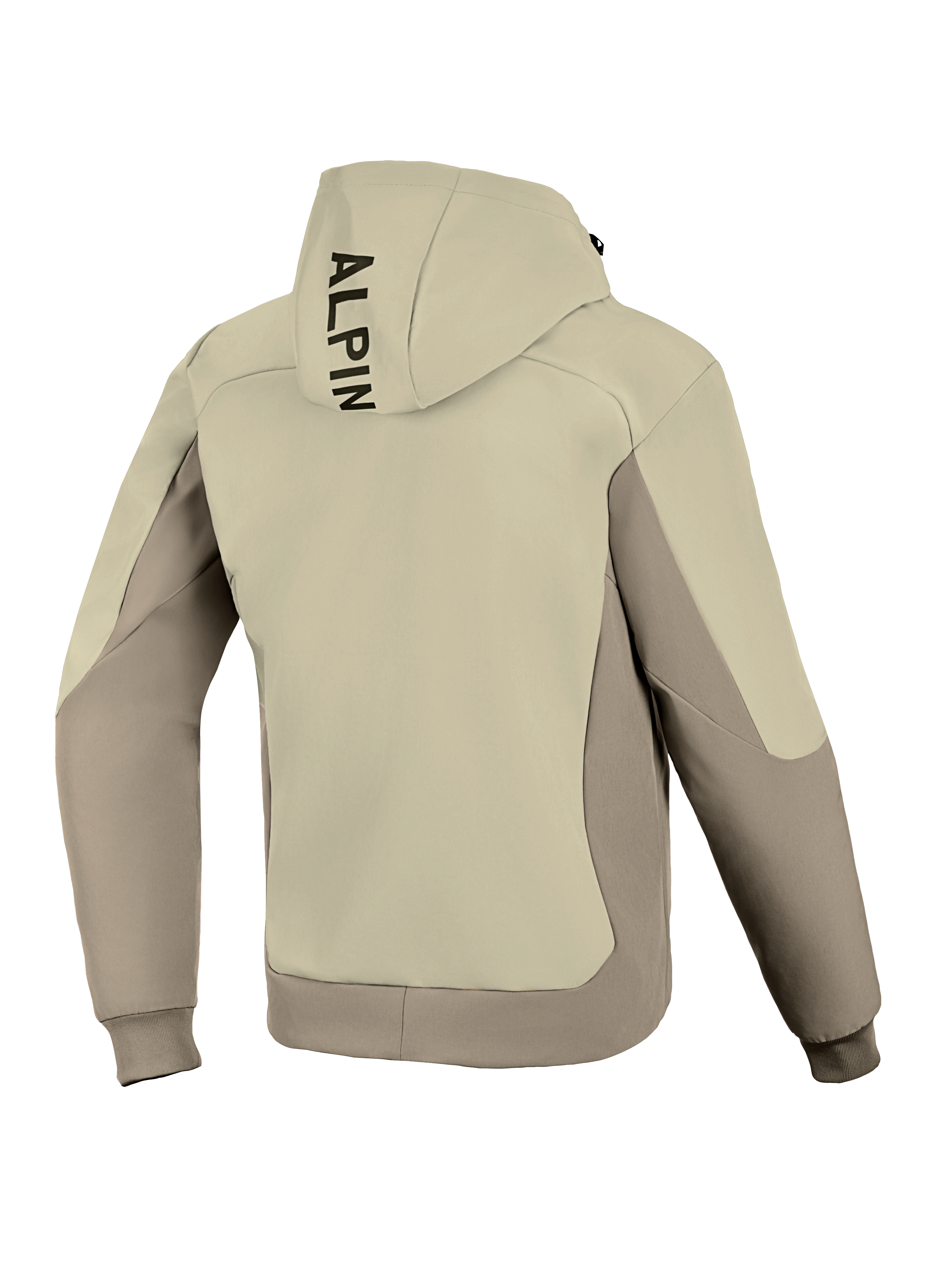 Alpinestars Radium Tech Hoodie, widok z tyłu, Mastic Aluminum, miejska kurtka motocyklowa, dwukolorowy beżowo-szary design tekstylny, pionowe czarne logo na kapturze, ściągacze przy mankietach i na dole, wiatroszczelna powłoka techniczna do jazdy miejskiej.