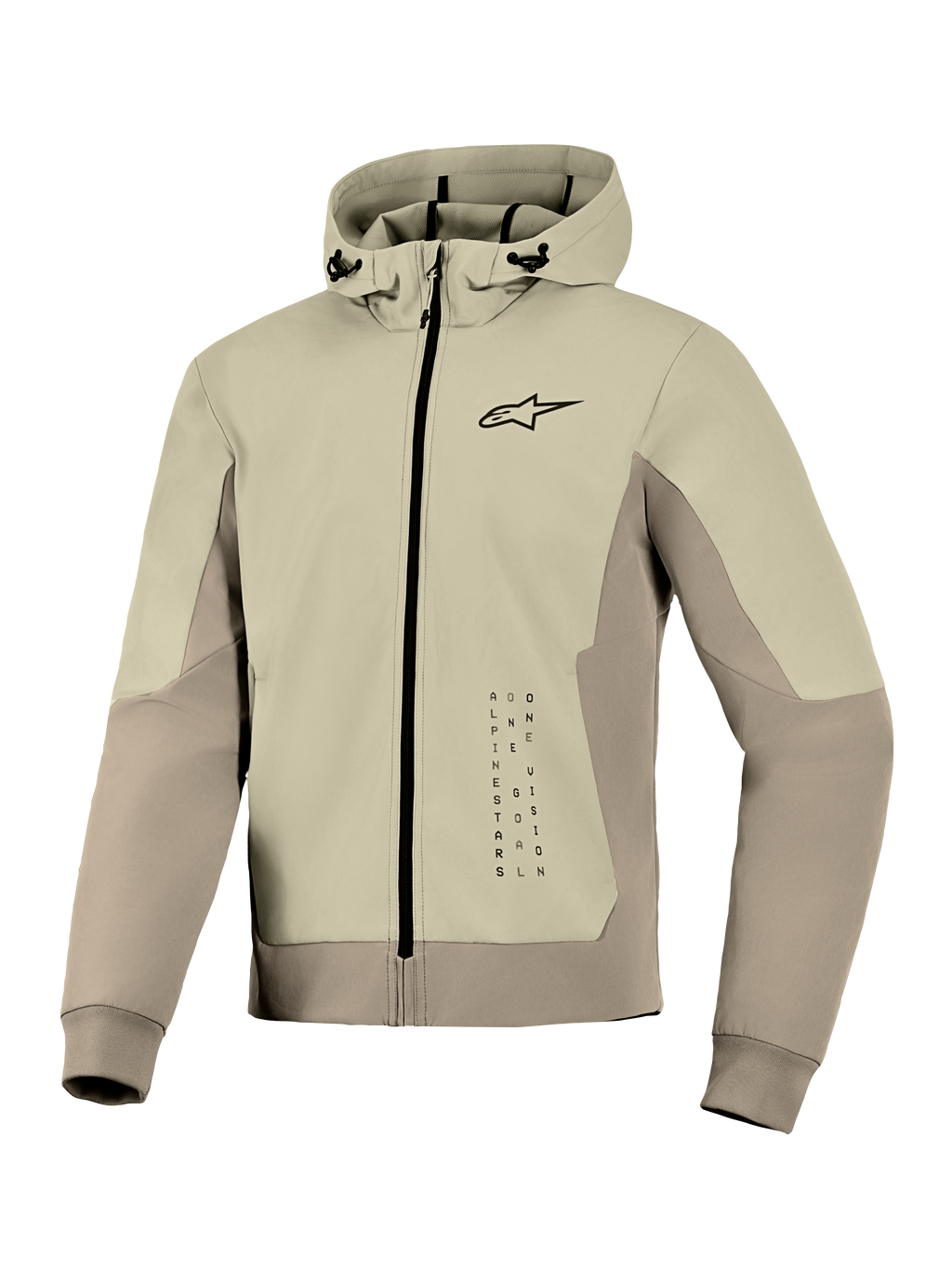 Alpinestars Radium Tech Hoodie, techniczna bluza motocyklowa z kapturem, kolor Mastic Aluminum, zapinana na zamek z małym czarnym logo na piersi i pionową grafiką, wiatroszczelna powłoka z regulowanym kapturem