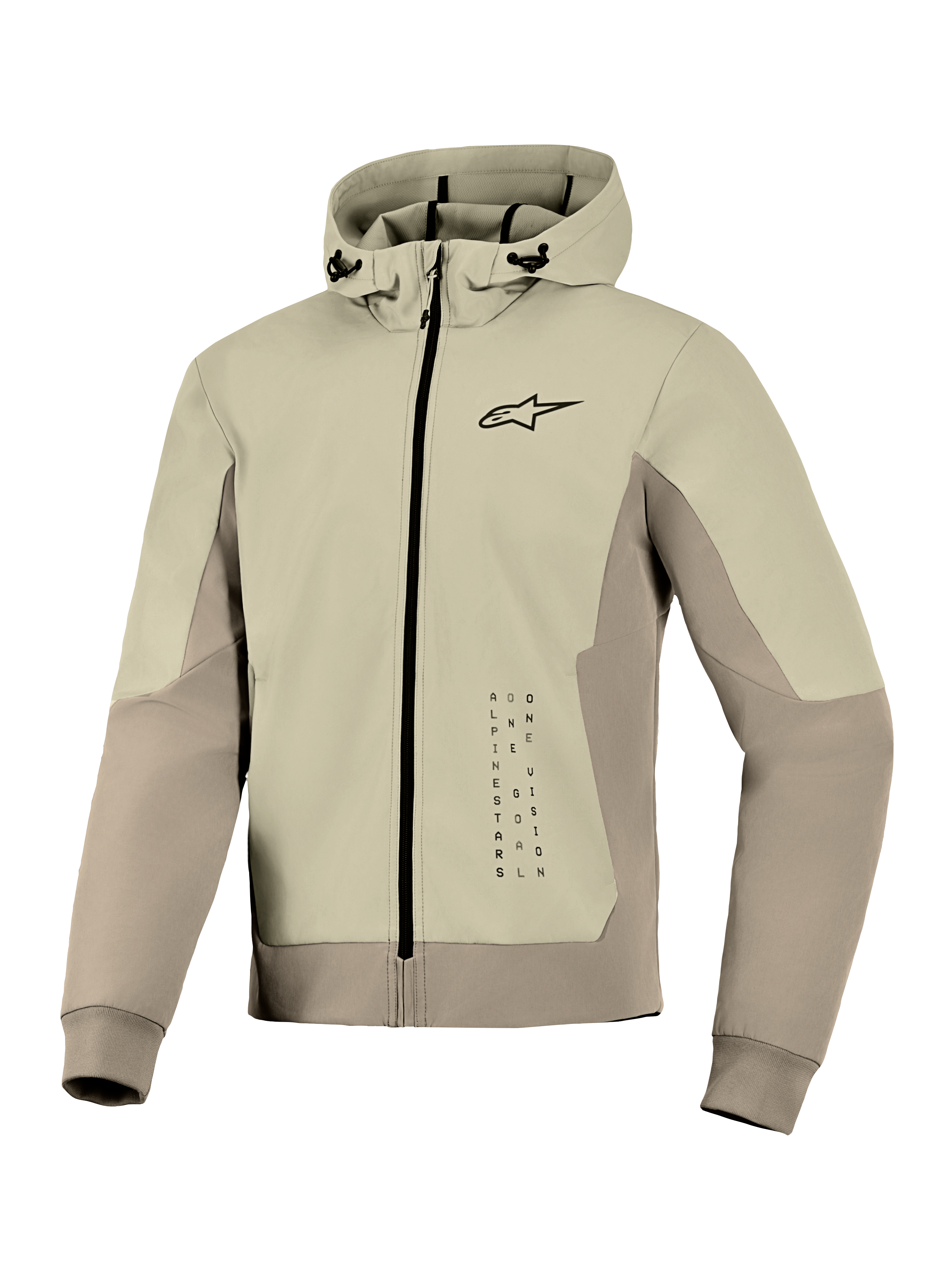 Alpinestars Radium Tech Hoodie, techniczna bluza motocyklowa z kapturem, kolor Mastic Aluminum, zapinana na zamek z małym czarnym logo na piersi i pionową grafiką, wiatroszczelna powłoka z regulowanym kapturem