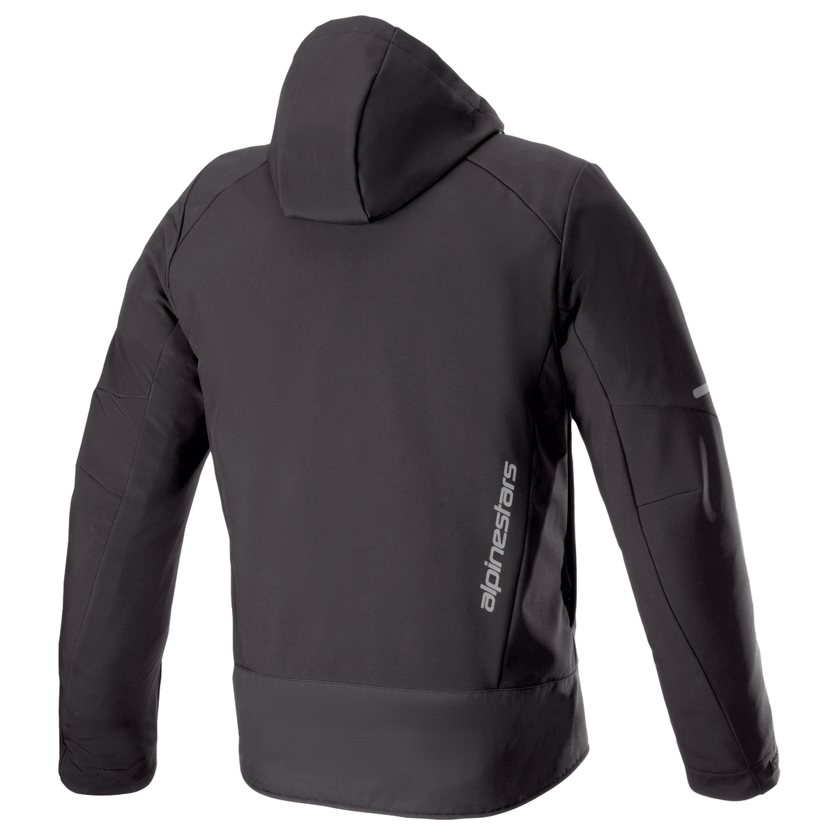 Alpinestars Neo Waterproof Hoodie, techniczna miejska kurtka motocyklowa, czarna, widok z tyłu przedstawiający odpinany kaptur, pionowe srebrne logo Alpinestars w dolnej części pleców oraz odblaskowe elementy na rękawach.