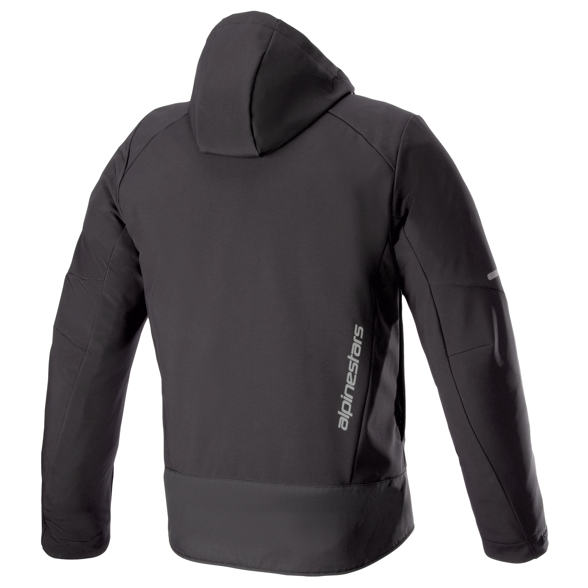 Alpinestars Neo Waterproof Hoodie, techniczna miejska kurtka motocyklowa, czarna, widok z tyłu przedstawiający odpinany kaptur, pionowe srebrne logo Alpinestars w dolnej części pleców oraz odblaskowe elementy na rękawach.