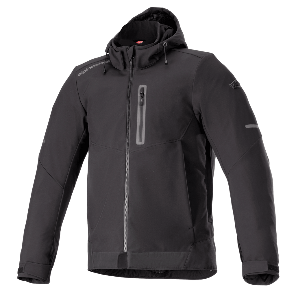 Alpinestars Neo Waterproof Hoodie, czarna miejska kurtka motocyklowa, gładki wodoodporny materiał, zamek błyskawiczny na całej długości, pionowa kieszeń na piersi na suwak, zintegrowany kaptur ze ściągaczem, odblaskowe elementy na rękawach, regulowane mankiety na rzepy, techniczny styl miejski