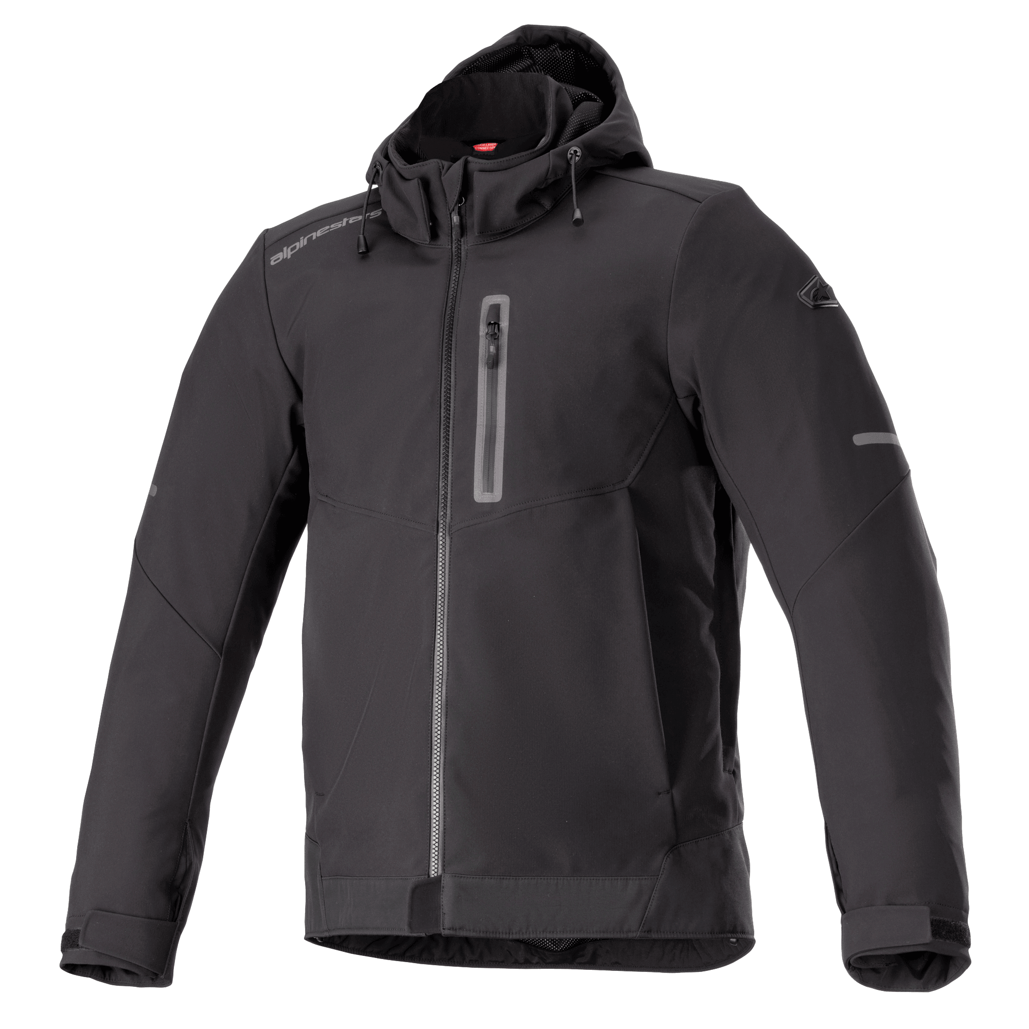 Alpinestars Neo Waterproof Hoodie, czarna miejska kurtka motocyklowa, gładki wodoodporny materiał, zamek błyskawiczny na całej długości, pionowa kieszeń na piersi na suwak, zintegrowany kaptur ze ściągaczem, odblaskowe elementy na rękawach, regulowane mankiety na rzepy, techniczny styl miejski