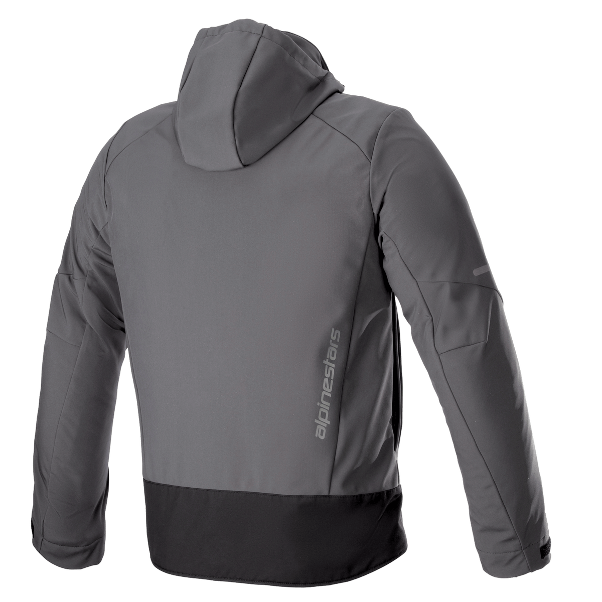Alpinestars Neo Waterproof Hoodie, techniczna miejska kurtka motocyklowa, szara i czarna, widok z tyłu z pionowym logo Alpinestars, odpinany kaptur, wodoodporna konstrukcja softshell z czarnym panelem u dołu.