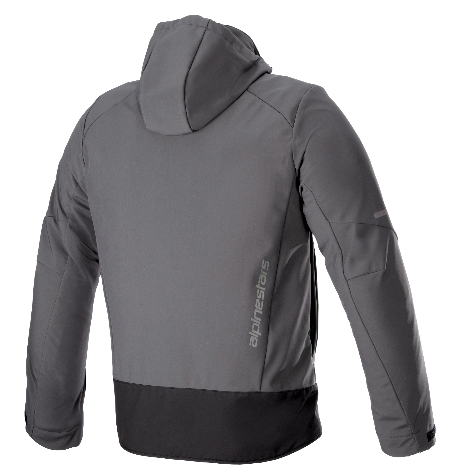 Alpinestars Neo Waterproof Hoodie, techniczna miejska kurtka motocyklowa, szara i czarna, widok z tyłu z pionowym logo Alpinestars, odpinany kaptur, wodoodporna konstrukcja softshell z czarnym panelem u dołu.