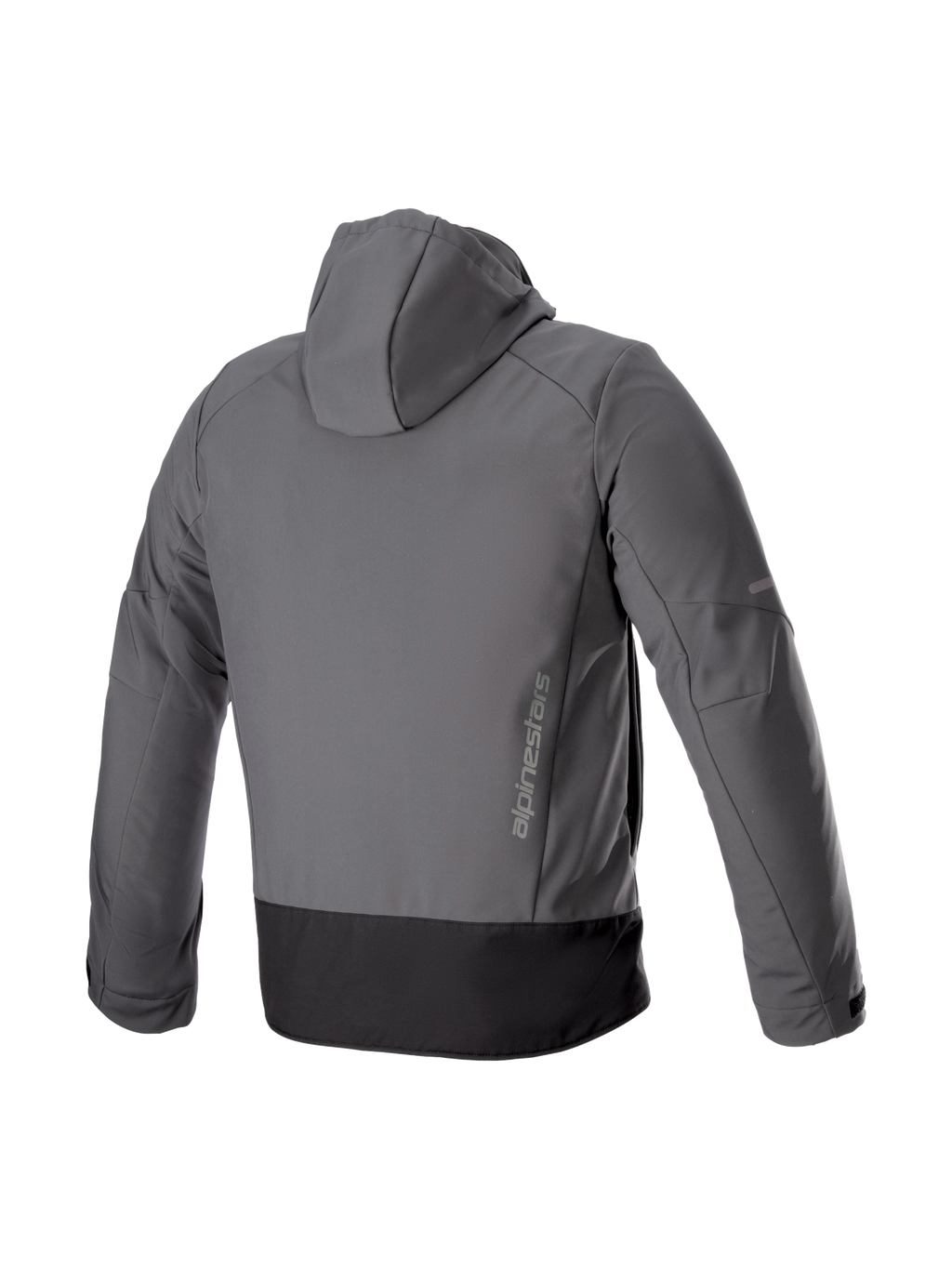 Alpinestars Neo Waterproof Hoodie, miejska kurtka motocyklowa, szara i czarna, widok z tyłu na wodoodporny softshell i pionowe logo.