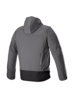 Alpinestars Neo Waterproof Hoodie, miejska kurtka motocyklowa, szara i czarna, widok z tyłu na wodoodporny softshell i pionowe logo.