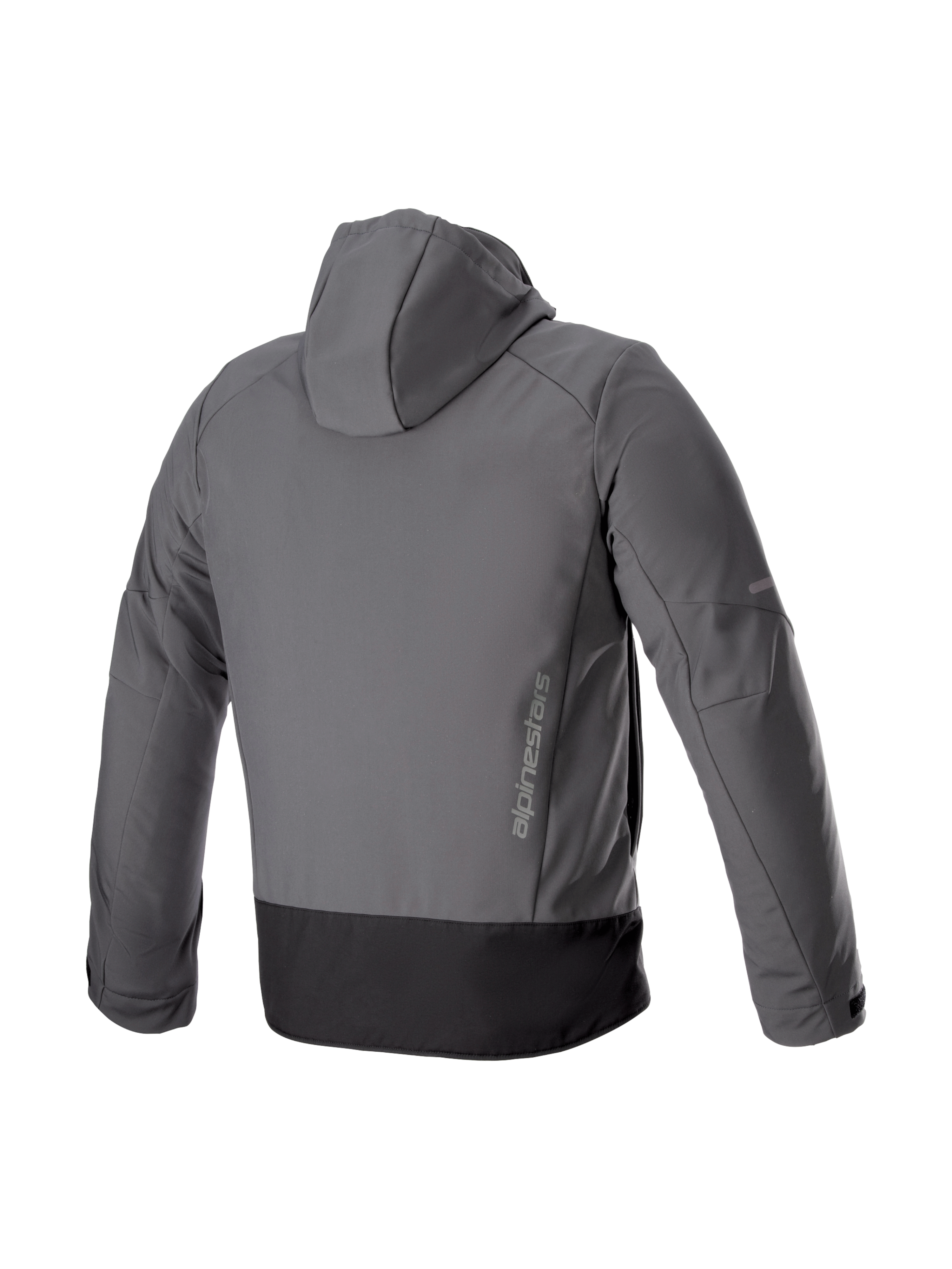 Alpinestars Neo Waterproof Hoodie, miejska kurtka motocyklowa, szara i czarna, widok z tyłu na wodoodporny softshell i pionowe logo.