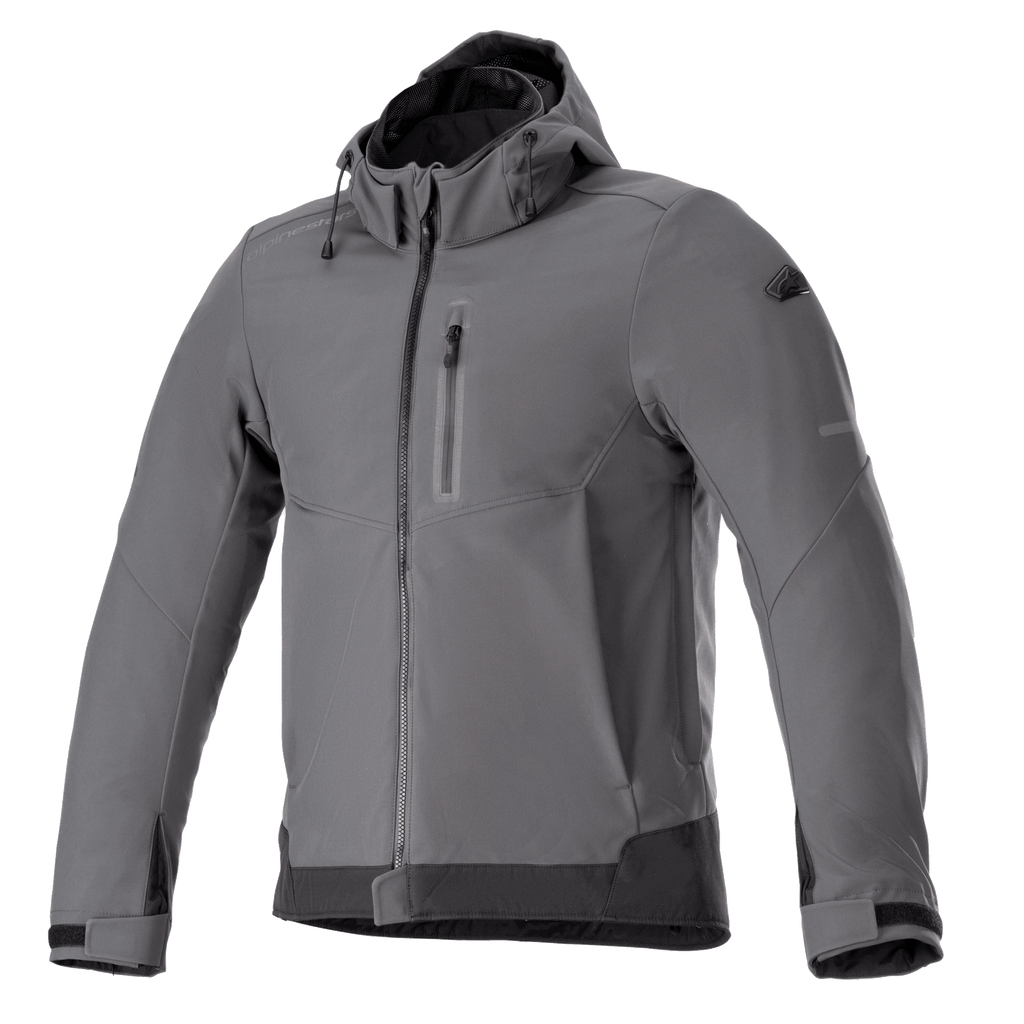 Alpinestars Neo Waterproof Hoodie, miejska kurtka motocyklowa, szaro-czarna, kurtka z kapturem zapinana na zamek, kieszeń na piersi, regulowane mankiety na rzepy, techniczny wodoodporny softshell, nowoczesny design