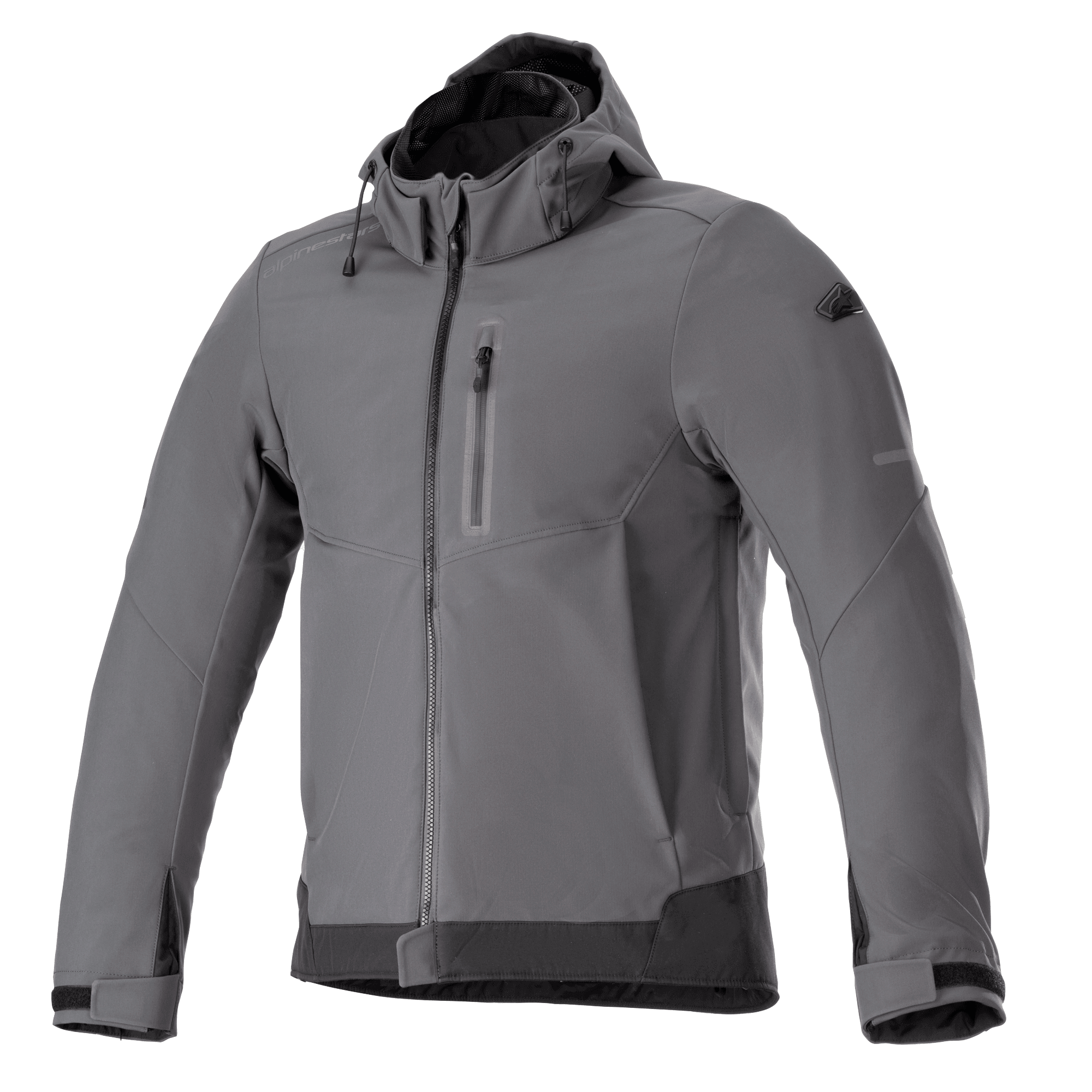 Alpinestars Neo Waterproof Hoodie, miejska kurtka motocyklowa, szaro-czarna, kurtka z kapturem zapinana na zamek, kieszeń na piersi, regulowane mankiety na rzepy, techniczny wodoodporny softshell, nowoczesny design