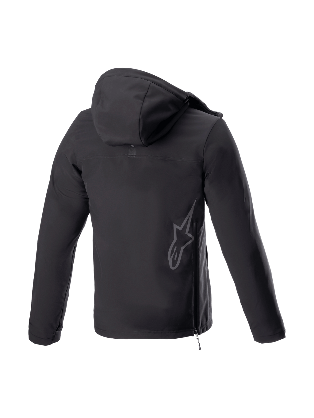 Alpinestars Bluza z kapturem Sherpa, czarna miejska kurtka motocyklowa softshell, tył z odblaskowym logo i bocznym zamkiem.