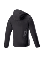 Alpinestars Bluza z kapturem Sherpa, czarna miejska kurtka motocyklowa softshell, tył z odblaskowym logo i bocznym zamkiem.