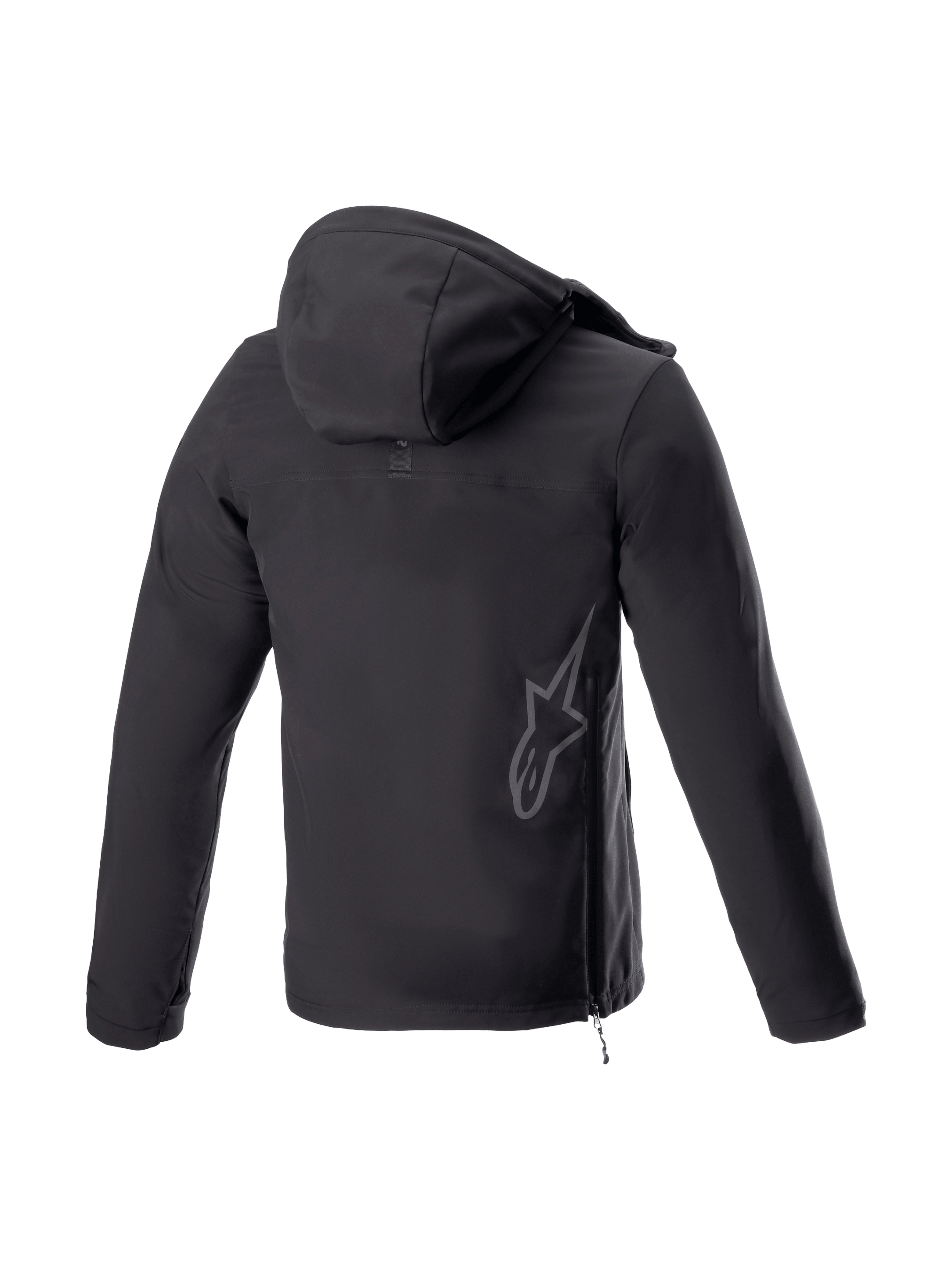 Alpinestars Bluza z kapturem Sherpa, czarna miejska kurtka motocyklowa softshell, tył z odblaskowym logo i bocznym zamkiem.