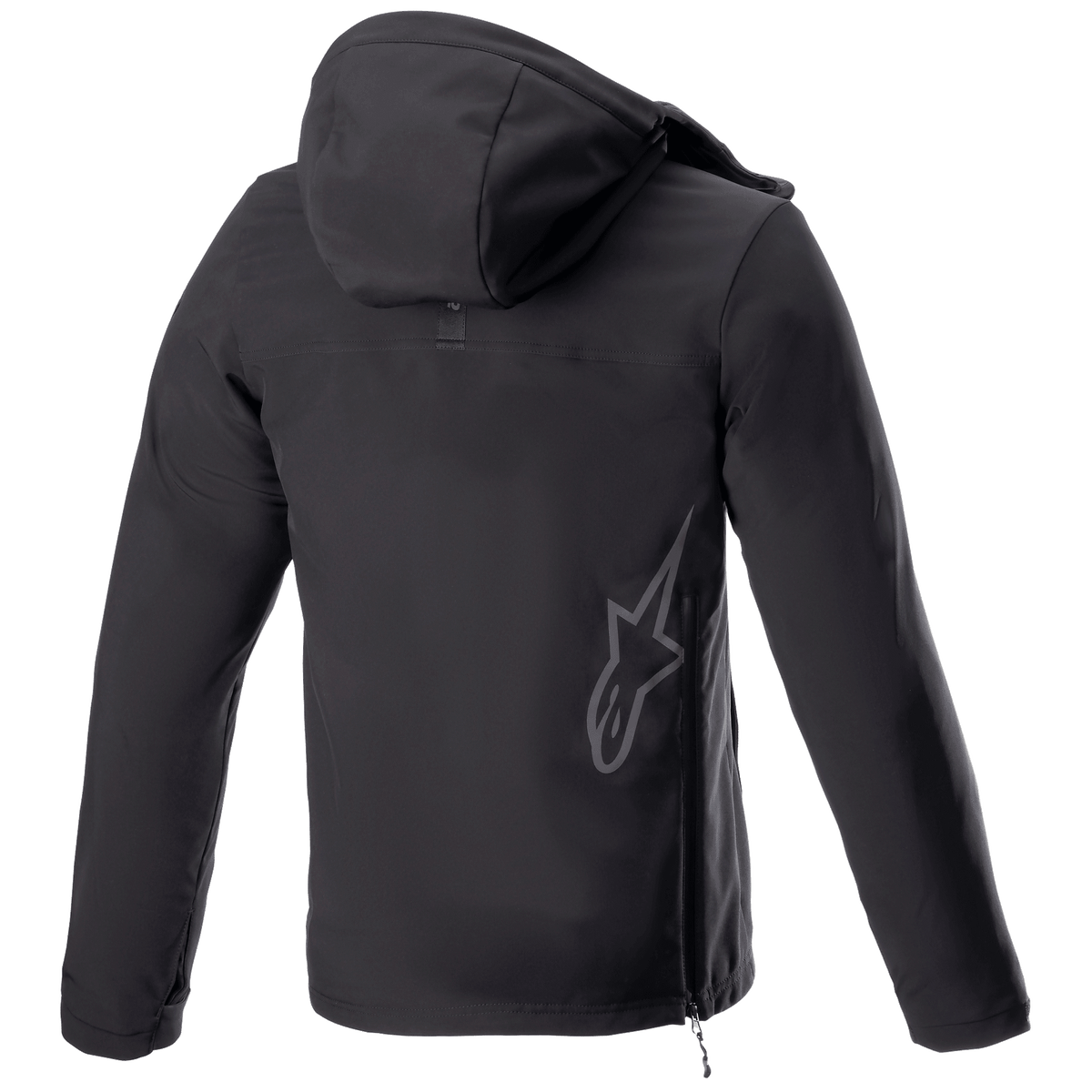 Alpinestars Sherpa Hoodie, miejska motocyklowa bluza z kapturem, Black Reflex, widok z tyłu z dużym odblaskowym logo gwiazdy Alpinestars na dole pleców, boczny zamek, kaptur, wiatroodporna konstrukcja softshell