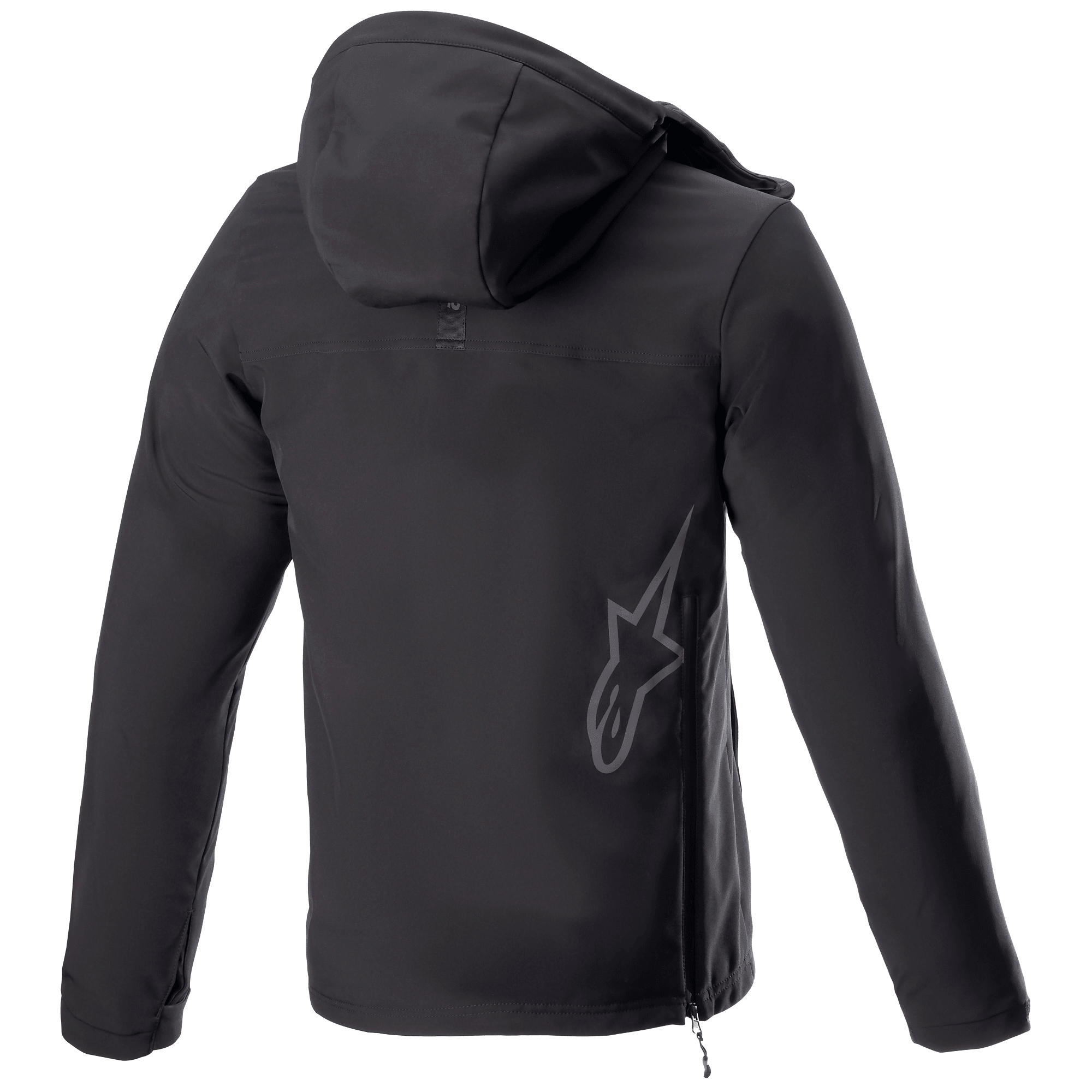 Alpinestars Sherpa Hoodie, miejska motocyklowa bluza z kapturem, Black Reflex, widok z tyłu z dużym odblaskowym logo gwiazdy Alpinestars na dole pleców, boczny zamek, kaptur, wiatroodporna konstrukcja softshell