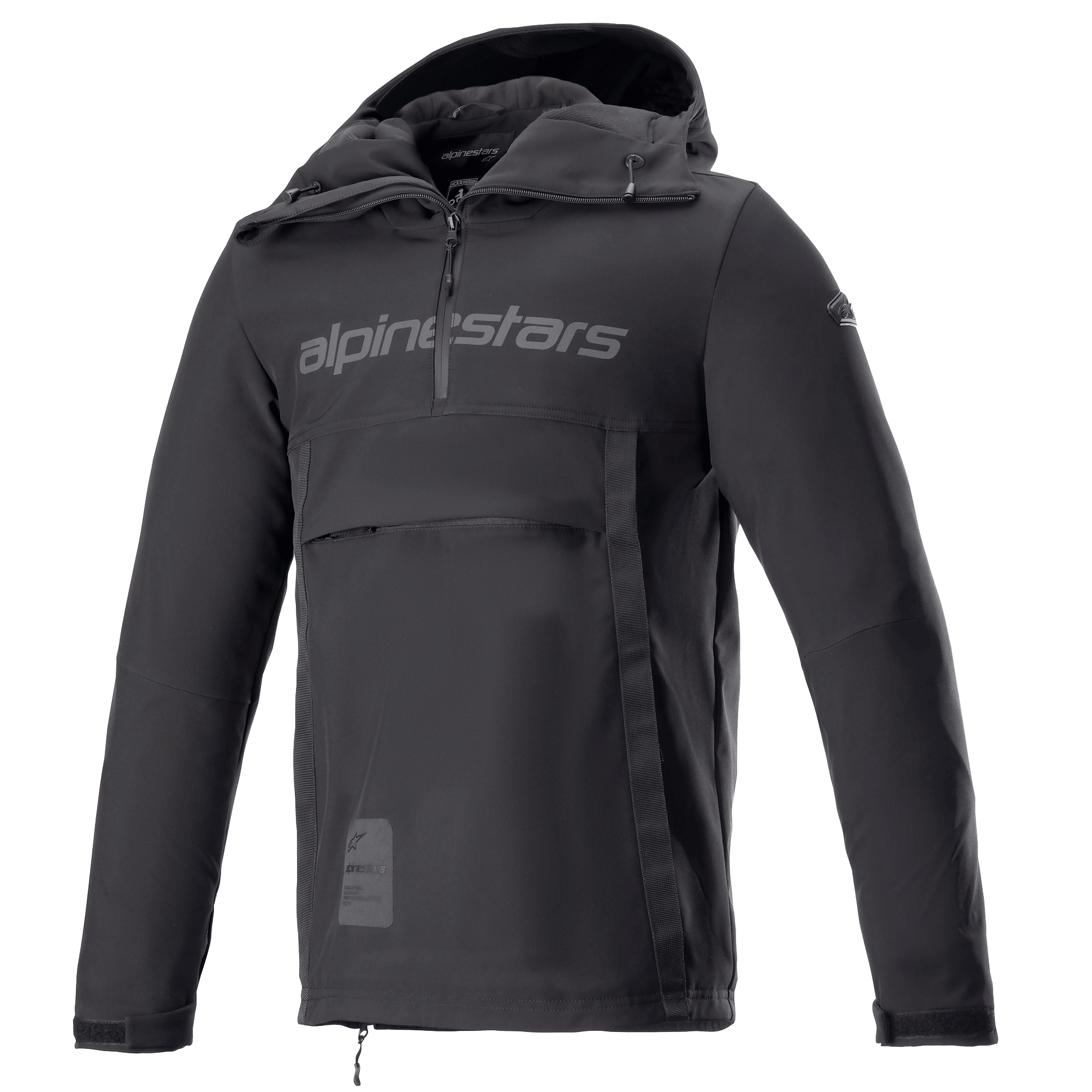 Alpinestars Sherpa Hoodie, motocyklowa kurtka typu anorak Black Reflex, krótki zamek z logo na piersi, duża przednia kieszeń zapinana na zamek, techniczna tkanina softshell, sportowy design miejski
