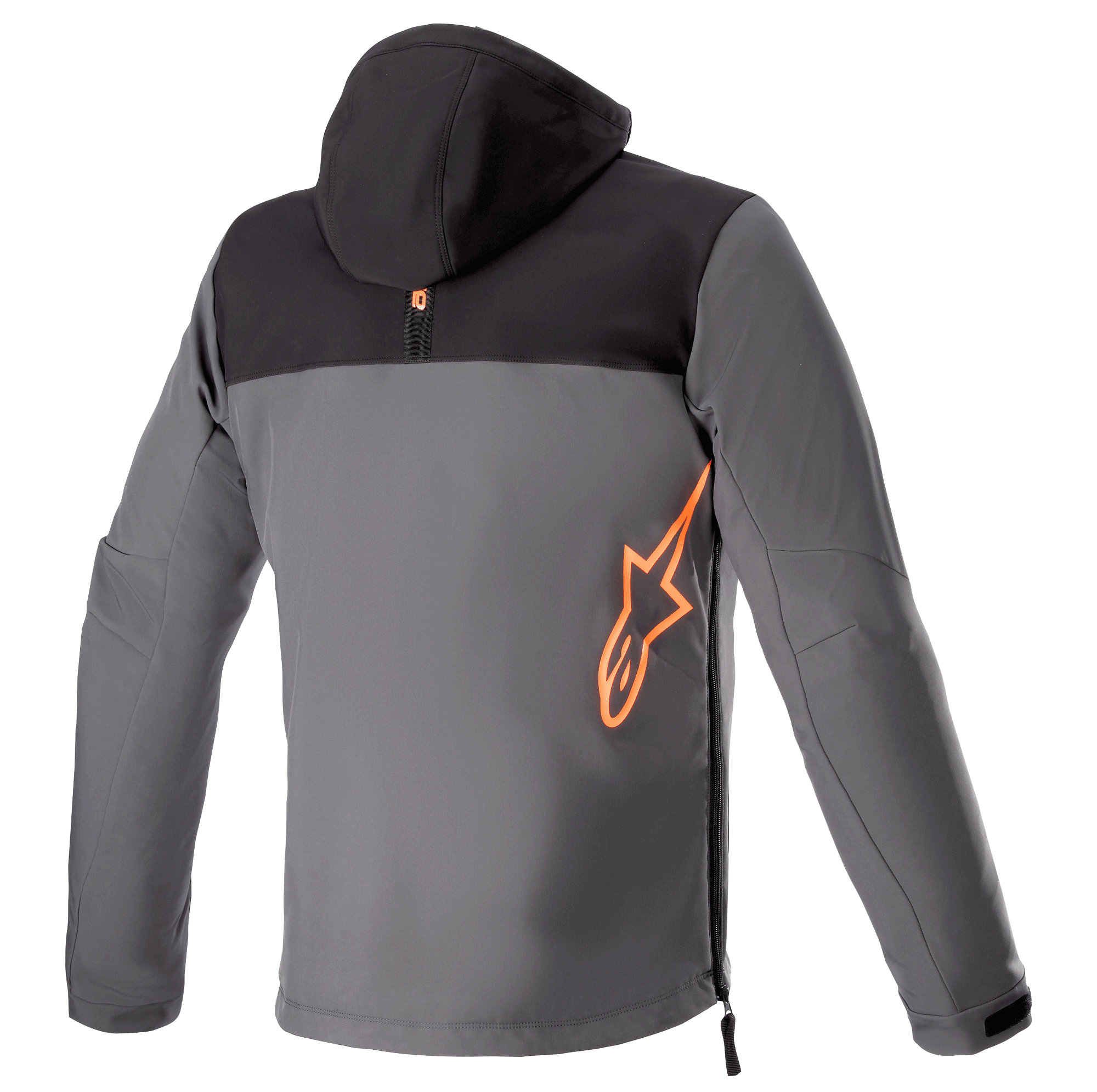 Alpinestars Sherpa Hoodie, widok od tyłu, techniczna kurtka motocyklowa w kolorze czarnym i szarym, duże fluorescencyjne pomarańczowe logo Alpinestars na dole pleców, boczny zamek, miejska odzież softshell