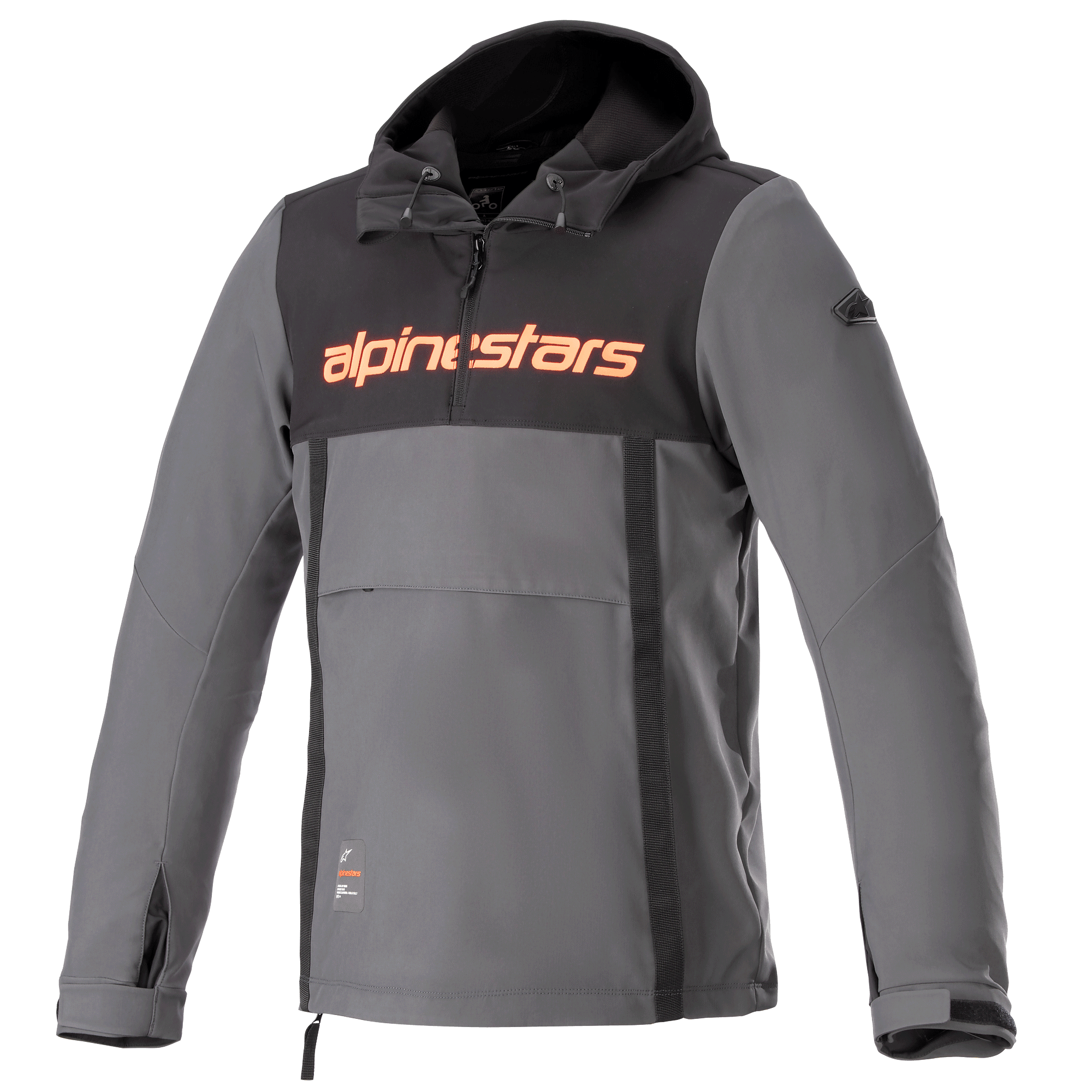Alpinestars Sherpa Hoodie, techniczna miejska kurtka motocyklowa, szara z czarnym panelem na klatce piersiowej i pomarańczowym logo, styl anorak z przednią kieszenią i regulowanymi mankietami, wiatroodporna konstrukcja softshell