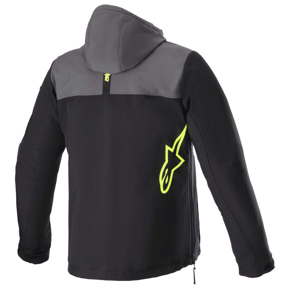 Alpinestars Sherpa Hoodie, widok z tyłu, kolor ciemnoszary i czarny z jaskrawożółtymi akcentami, neonowe żółte logo gwiazdy z boku, motocyklowa kurtka softshell z kapturem, boczny zamek, odzież do jazdy miejskiej