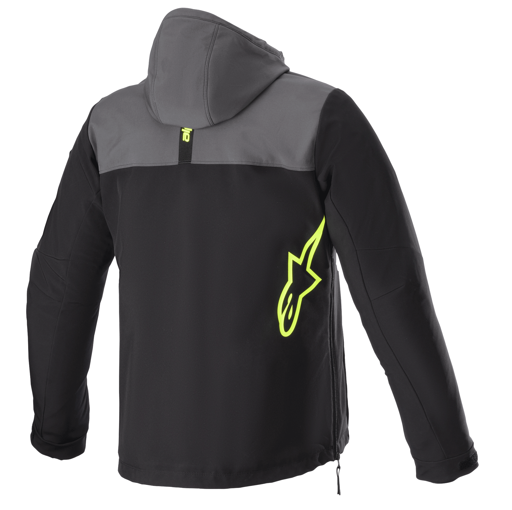 Alpinestars Sherpa Hoodie, widok z tyłu, kolor ciemnoszary i czarny z jaskrawożółtymi akcentami, neonowe żółte logo gwiazdy z boku, motocyklowa kurtka softshell z kapturem, boczny zamek, odzież do jazdy miejskiej