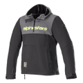 Alpinestars Sherpa Hoodie, techniczna bluza motocyklowa, szaro-czarna, neonowe żółte logo na klatce piersiowej, fason anorak z kapturem i krótkim zamkiem, miejska kurtka motocyklowa softshell