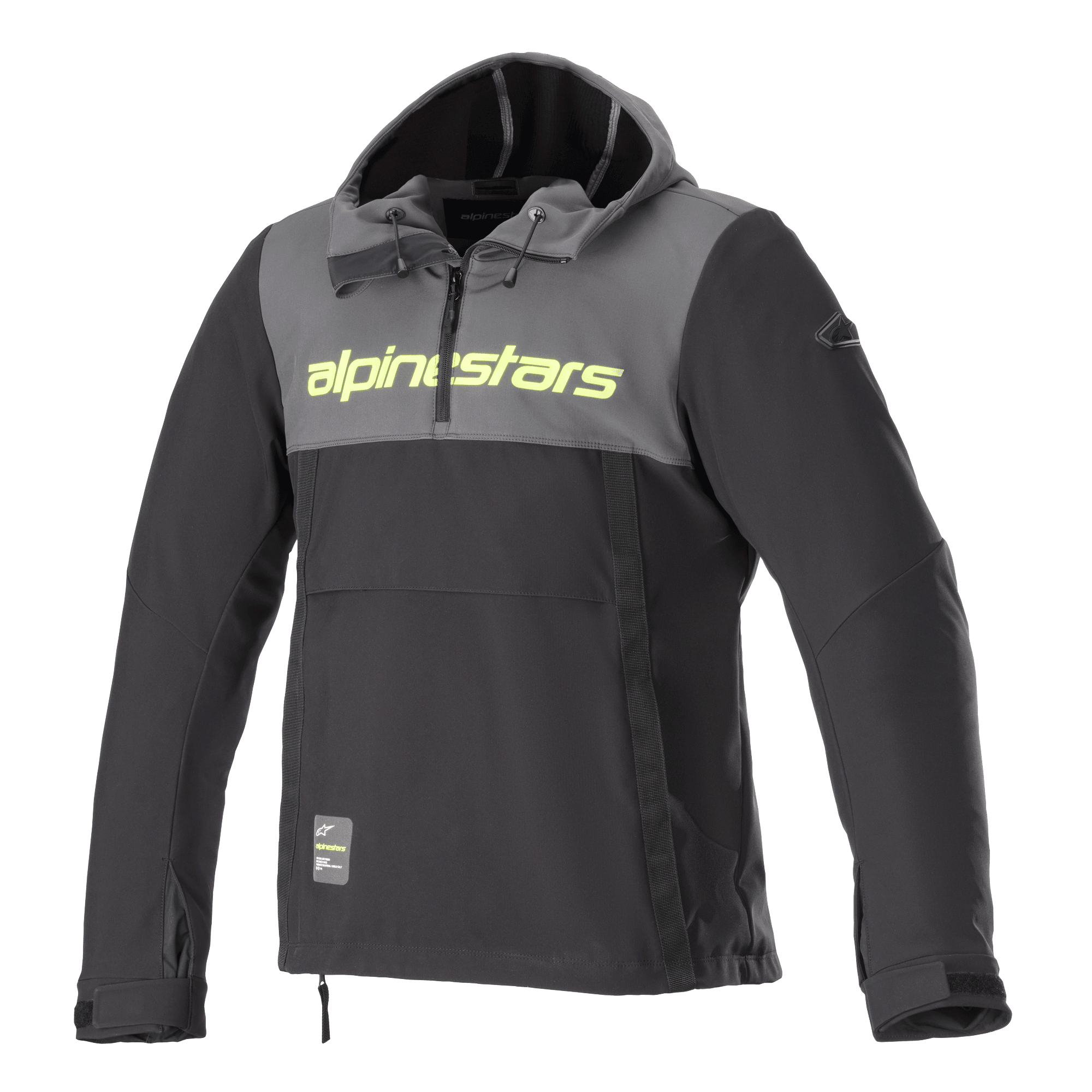 Alpinestars Sherpa Hoodie, techniczna bluza motocyklowa, szaro-czarna, neonowe żółte logo na klatce piersiowej, fason anorak z kapturem i krótkim zamkiem, miejska kurtka motocyklowa softshell
