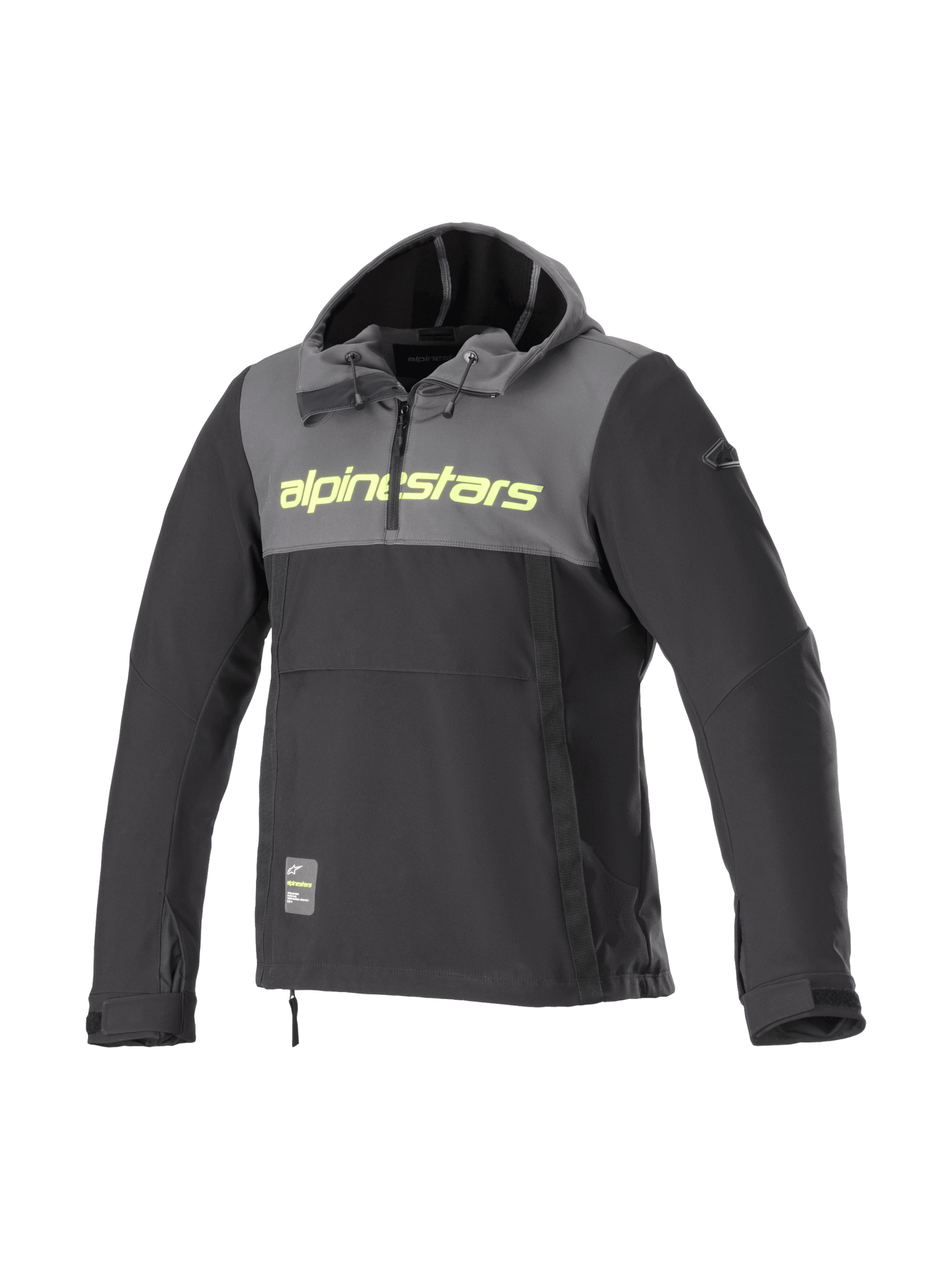 Alpinestars Sherpa Hoodie, windproof softshell urban motorcycle jacket for men, gray and black with yellow fluo logo.