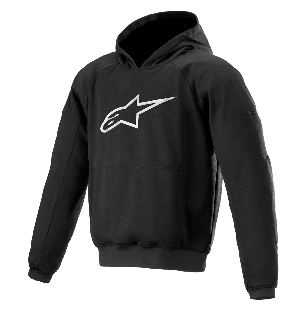 Alpinestars Ageless Hoodie, urban riding motorcycle hoodie, Black with white star logo, pullover style with kangaroo pocket, ribbed cuffs and hem, casual motorsport-inspired design