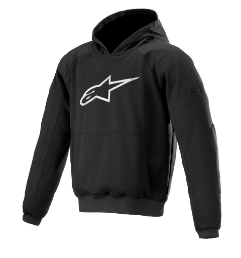 Alpinestars Ageless Hoodie, miejska bluza motocyklowa z kapturem, czarna z białym logo w kształcie gwiazdy, fason typu pullover z kieszenią kangurka, ściągacze przy mankietach i na dole, casualowy design inspirowany sportami motorowymi